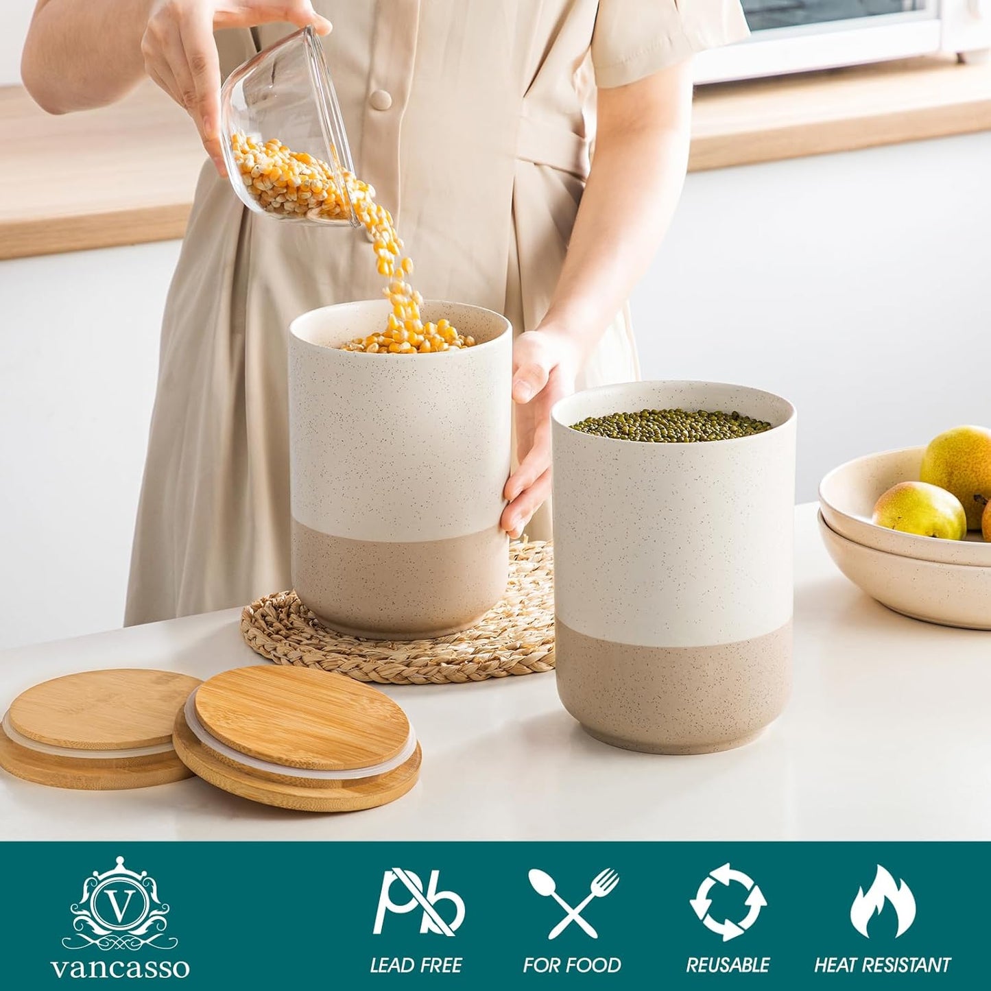 vancasso Sabine Large Ceramic Canister Set with Airtight Wood Lids - 2-Piece Kitchen Food Storage Jars for Flour, Sugar, Coffee & Tea (74 oz Each) - Big Capacity Countertop Jars