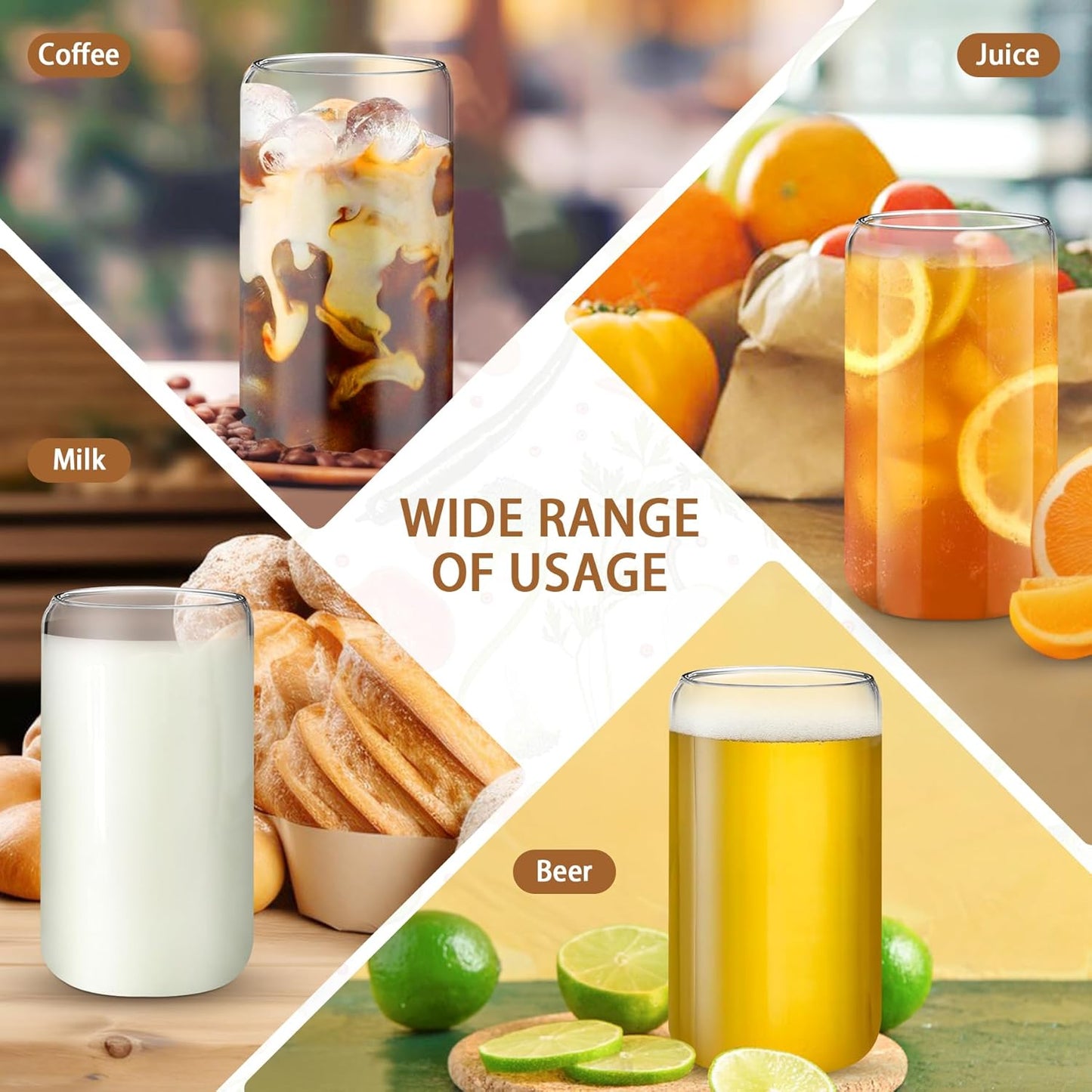 16 OZ Glass Cups with Lids and Straws, 20 Set Can Beer Glass Cups with Bamboo Lids Cute and Reusable Drinking Glasses with Lid Ice Coffee Glasses Great for Beer, Cocktail, Tea and Latte