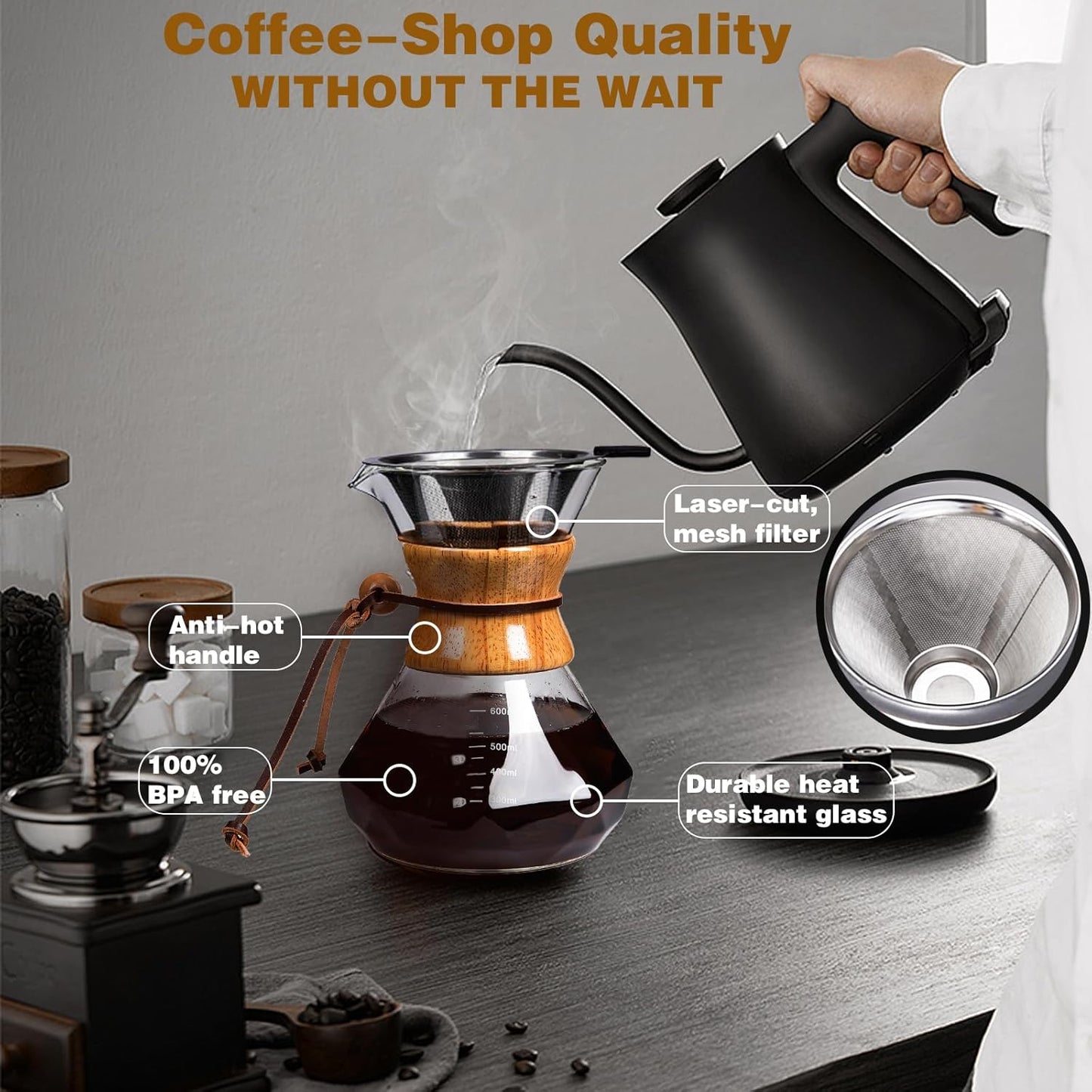 Pour Over Coffee Maker with Reusable Stainless Steel Drip Filter, Lead-Free Borosilicate Glass Coffee Carafe with Modern Wooden Collar for 1-2Cup, Diamond Clear (400ml/13.5oz)