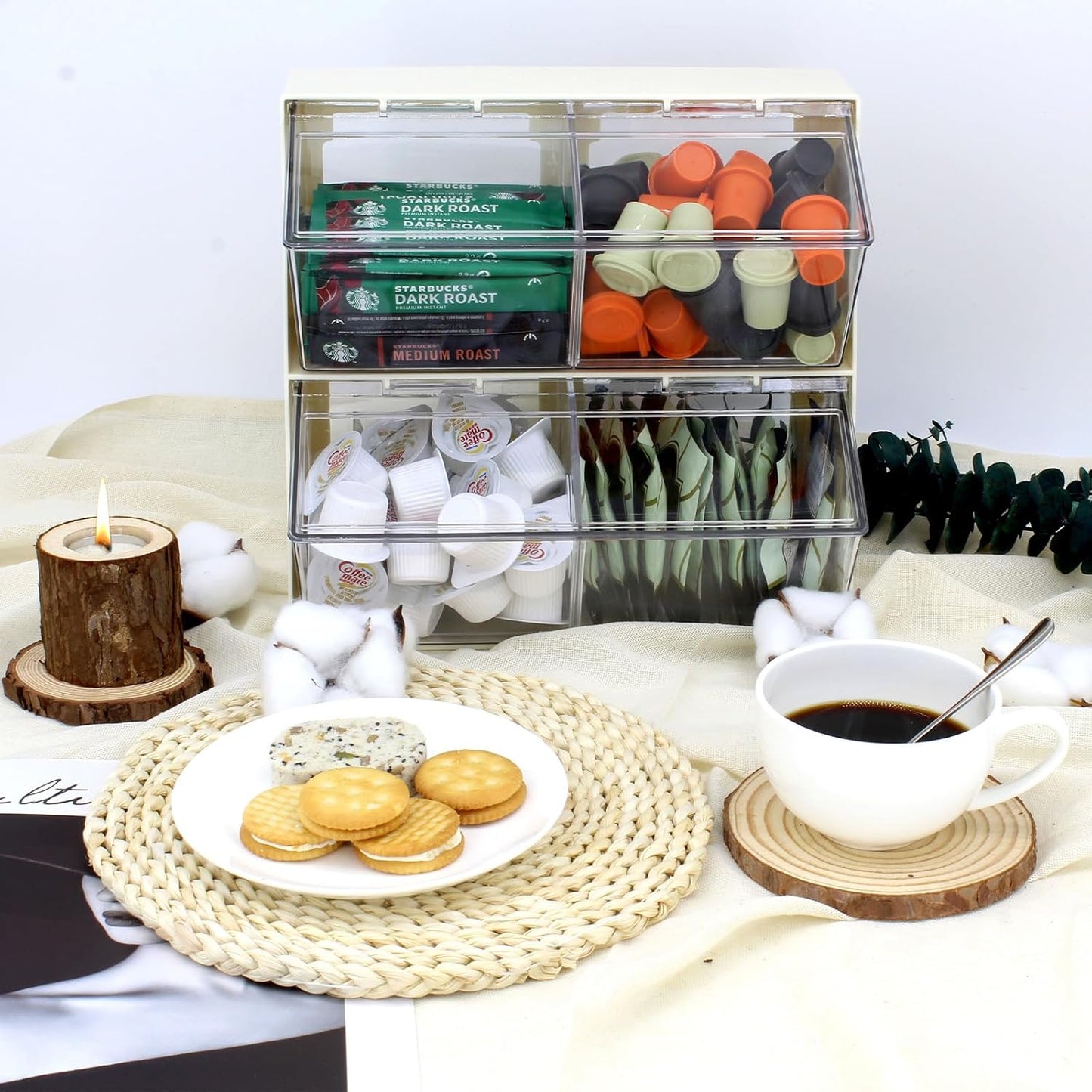 Bokelai Plastic Tea Bag Organizer with Lid - Large Capacity K Cup Holder Countertop Storage Station for Capsule Creamer Sugar Pods Face Mask Organizer Cream/Clear