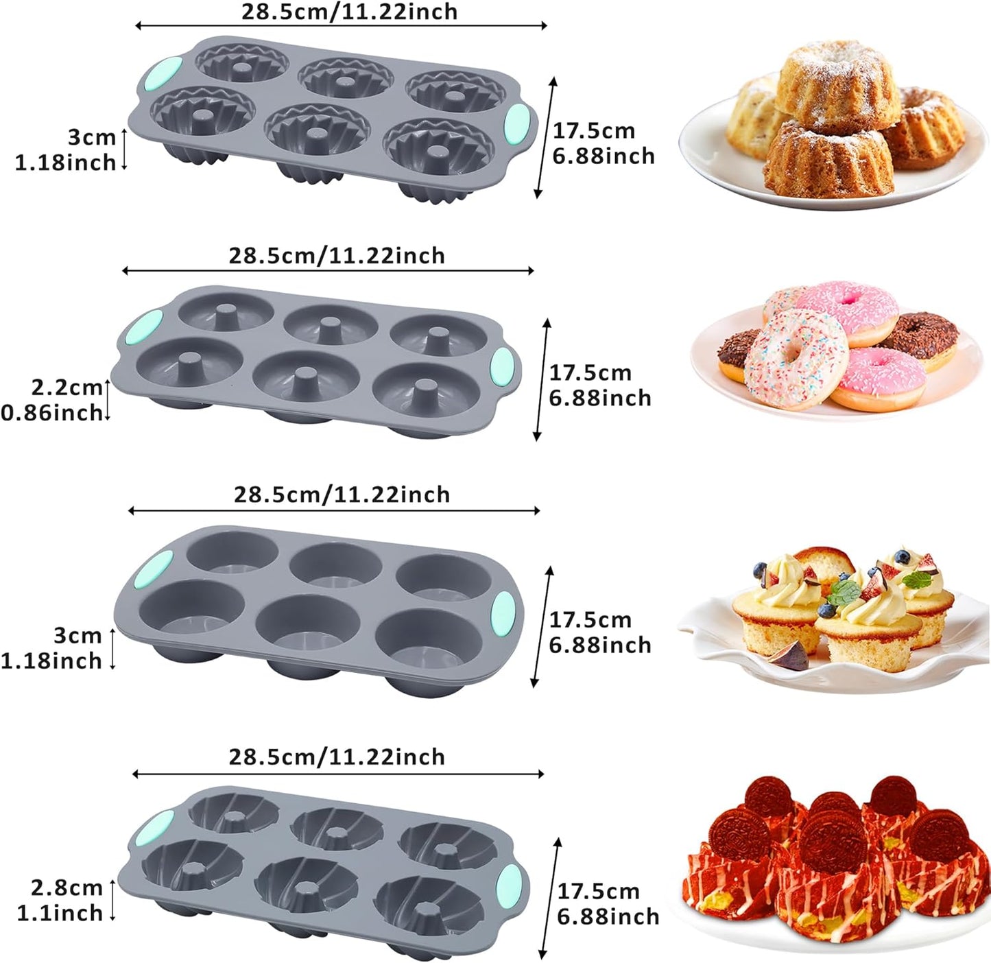 Tongjude 8 Pieces Silicone Donut Pans, Nonstick Silicone Muffin Pans, Heat Resistant Kitchen Oven Baking Cups, Dishwasher Safe and Microwave Safe, Grey