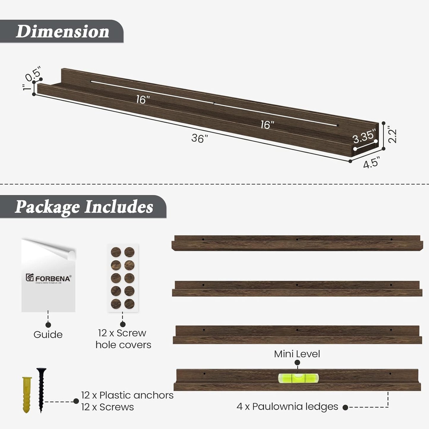 Forbena 36 Inch Long Picture Ledge Shelf, Wooden Floating Shelves for Wall with Lip, Dark Brown Wall Mounted Bookshelf Bookshelves for Living Room Bedroom Office Books Photos (Real Wood, Set of 4)