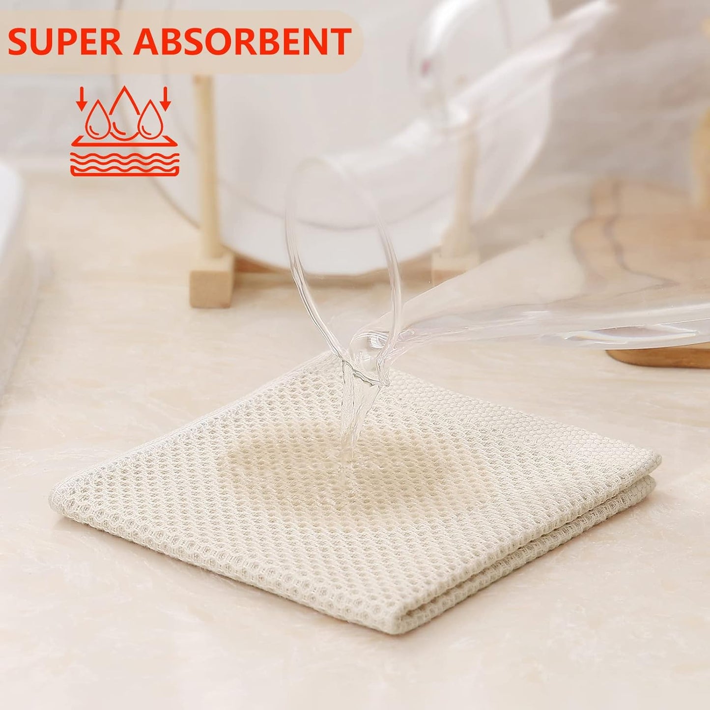 Kitinjoy 100% Cotton Kitchen Dish Cloths, 6-Pack Waffle Weave Dish Towels for Drying Dishes Super Soft Absorbent Quick Drying Dish Rags, 12 X 12 Inches, Beige
