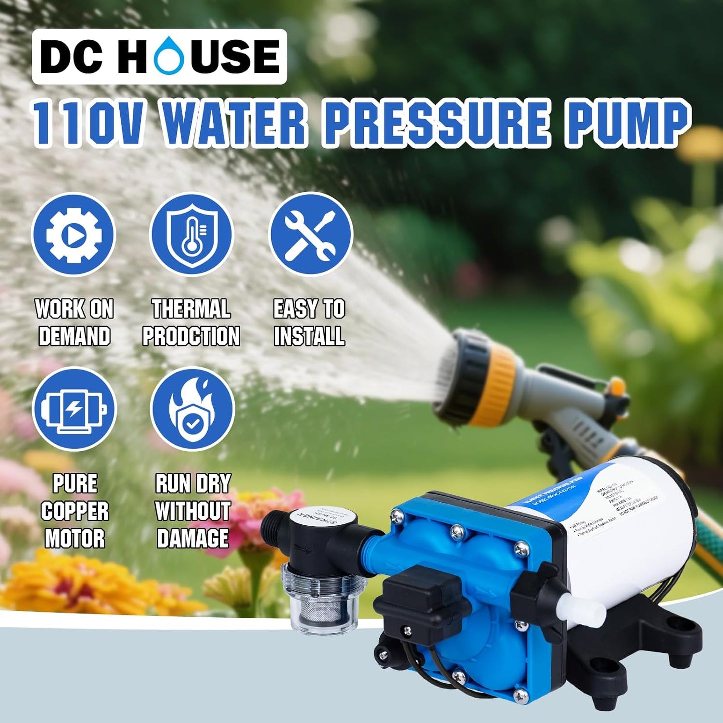 DC HOUSE 110V Camper Water Diaphragm Pump with Power Plug 42-Series 5.5GPM 70PSI High Pressure On Demand Self Priming Water Booster Pump for Kitchen Bathroom RV Garden Hose Rain Barrel Sprinkler