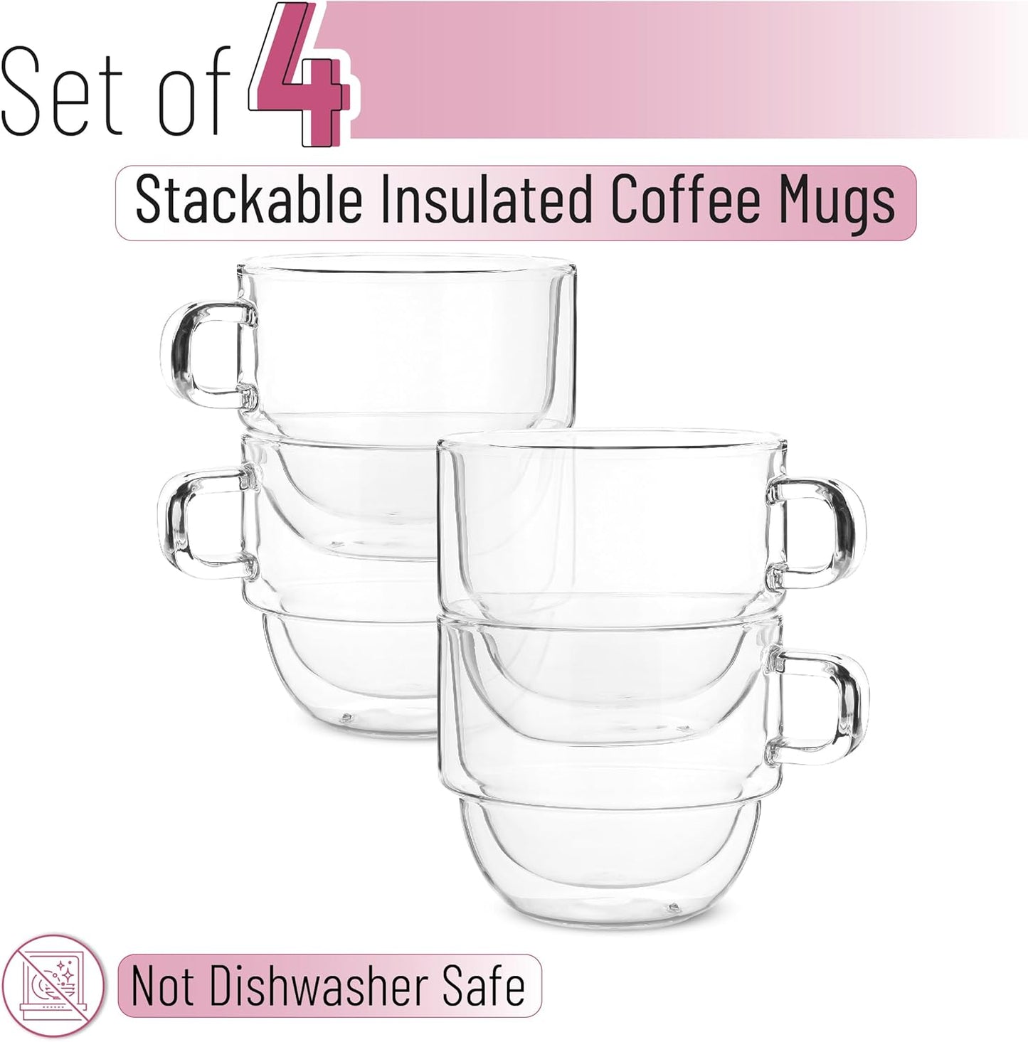 BTaT- Stackable Insulated Coffee Mugs, 4 Pack 16 oz(500 ml), Ideal for Hot and Cold Drinks, Stackable Cappuccino Cups, Double Wall Glass Coffee Cups, Tea Cups, Latte Cups, Beer Glasses, Latte Mug