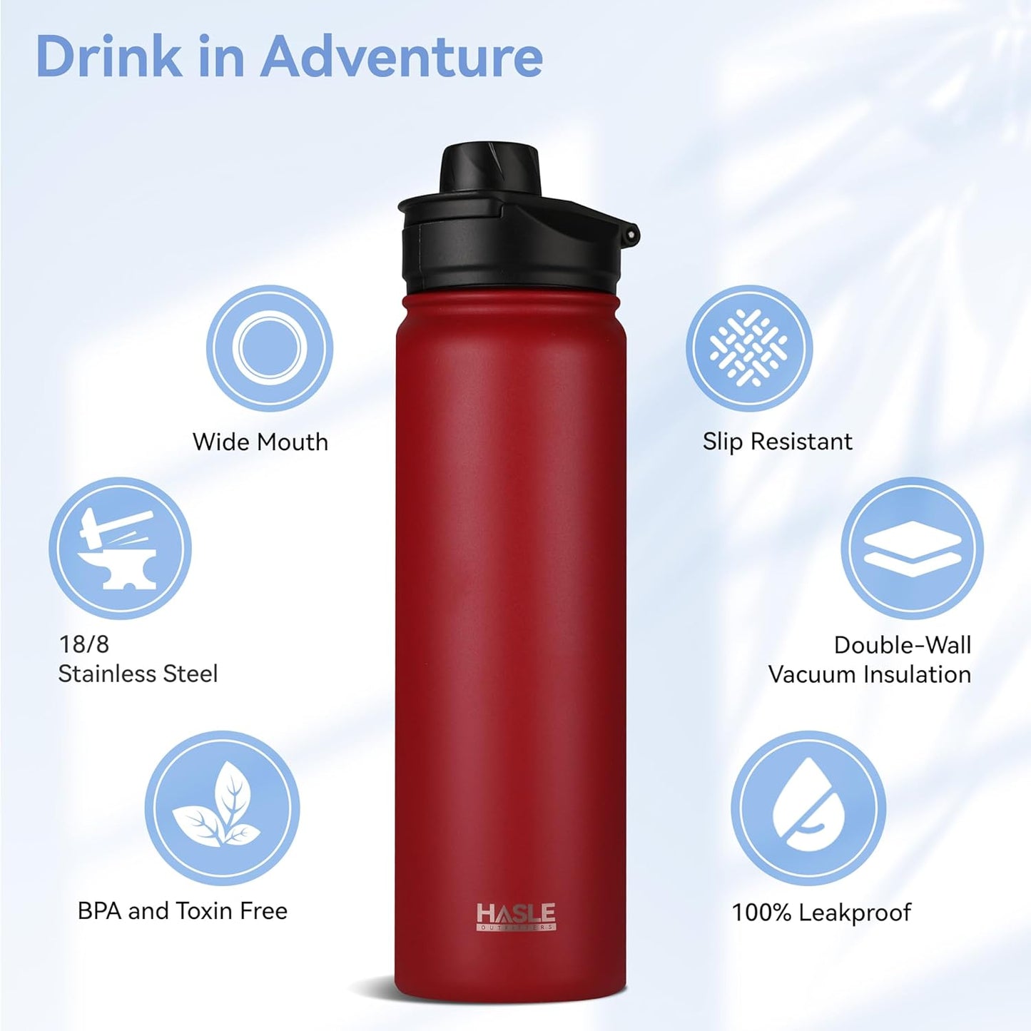 HASLE OUTFITTERS Insulated Water Bottle 22 oz Double Wall Stainless Steel Water Bottle Wide Mouth with Straw Lid & Spout Lid Keeps Cold or Hot(Red,8)