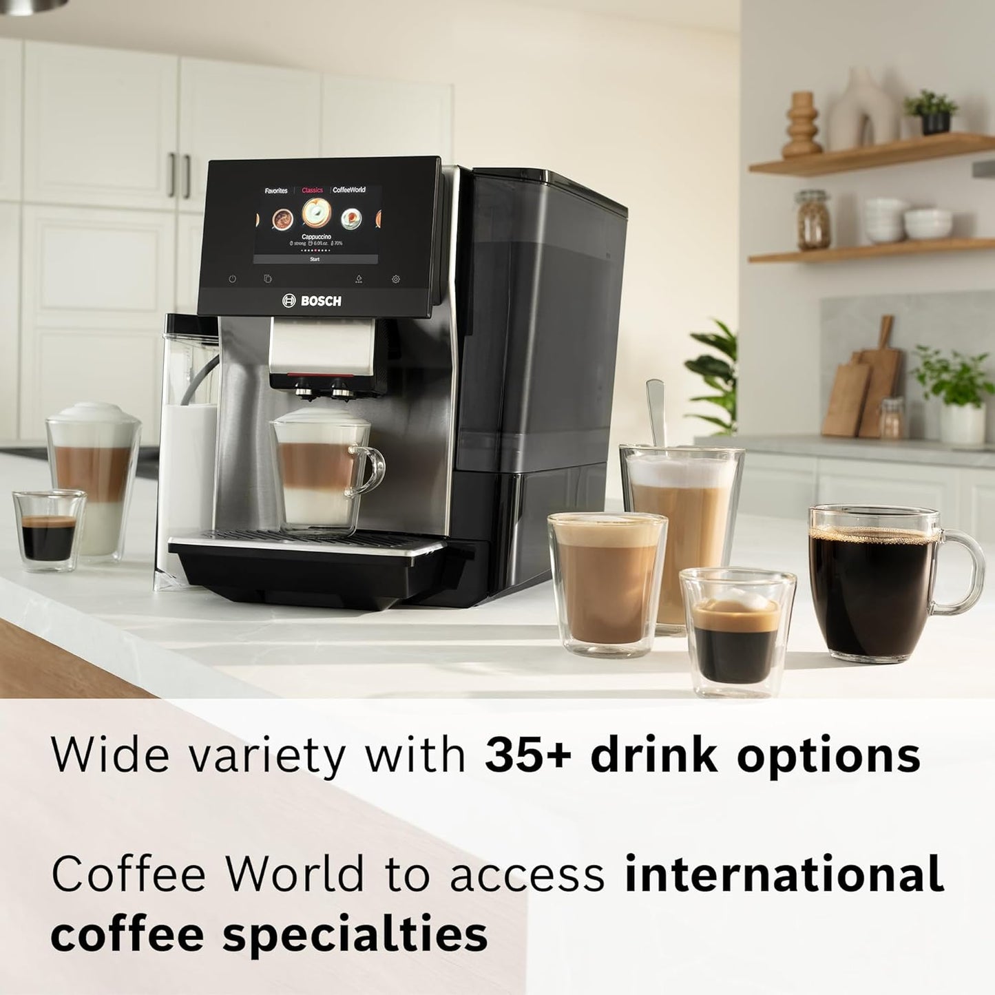 Bosch 800 Series Fully Automatic Espresso and Coffee Machine – 36 Drinks with Coffee World, Cold Brew, Double Cup, Integrated Milk Container, Smart Features, in Silver TQU60307