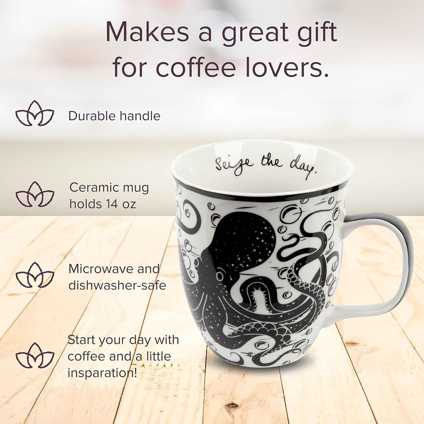 Karma Gifts 16 oz Black and White Boho Mug Octopus - Cute Coffee and Tea Mug - Ceramic Coffee Mugs for Women and Men