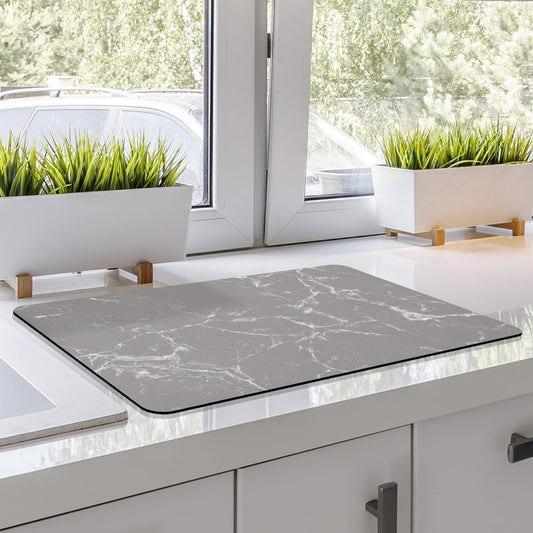 Coffee Bar Mat Dish Drying Mat - 16x24, PU Surface & Rubber Backed, Kitchen Countertop Protector, Quick Absorbent, Heat Resistant - Gray and White Marble