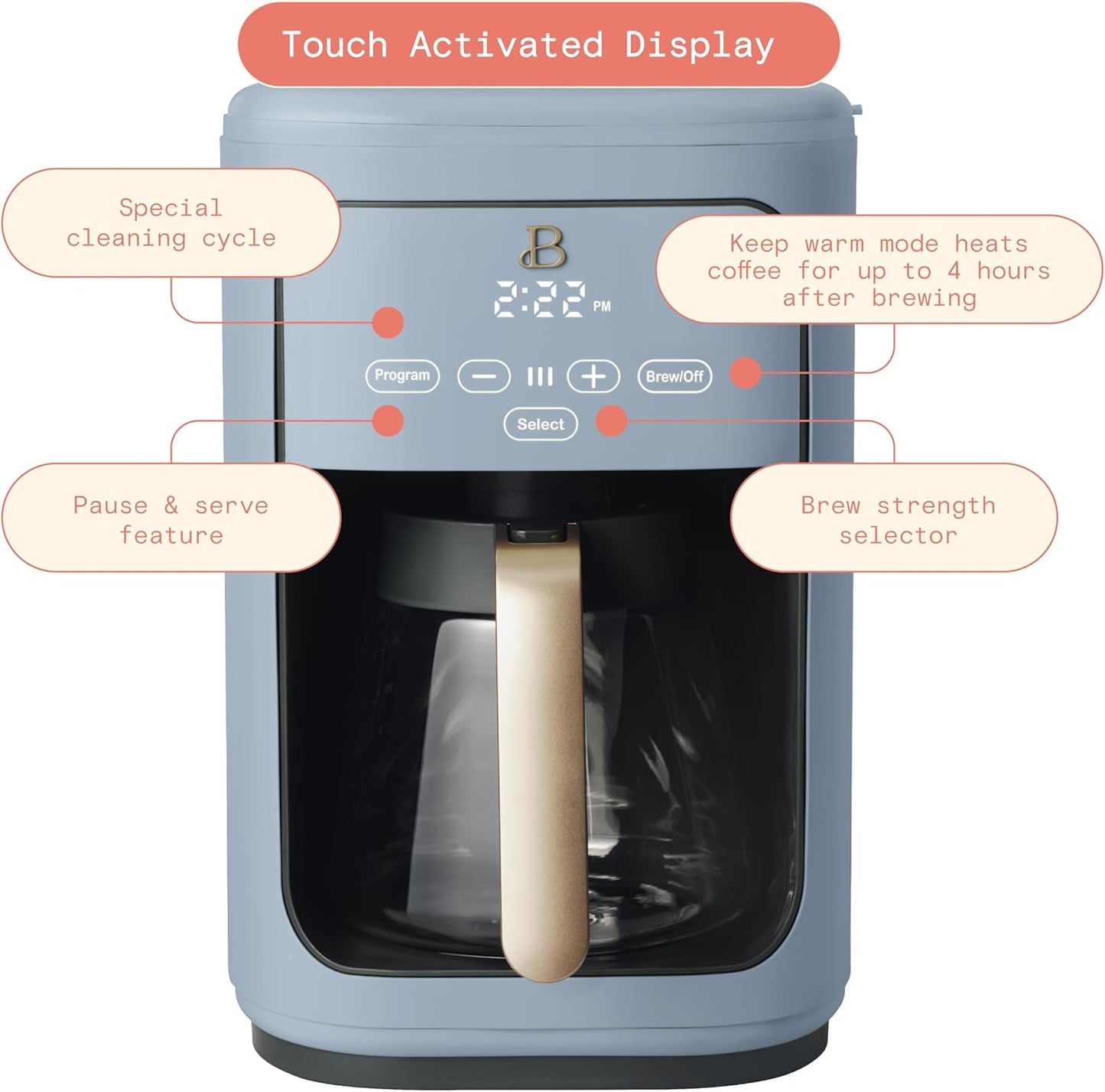 Beautiful Coffee Maker, 14-Cup, Touch Display, Programmable, 1200W, Stainless Steel, Keep Warm, 24h Timer dishwasher-safe (Cornflower Blue)