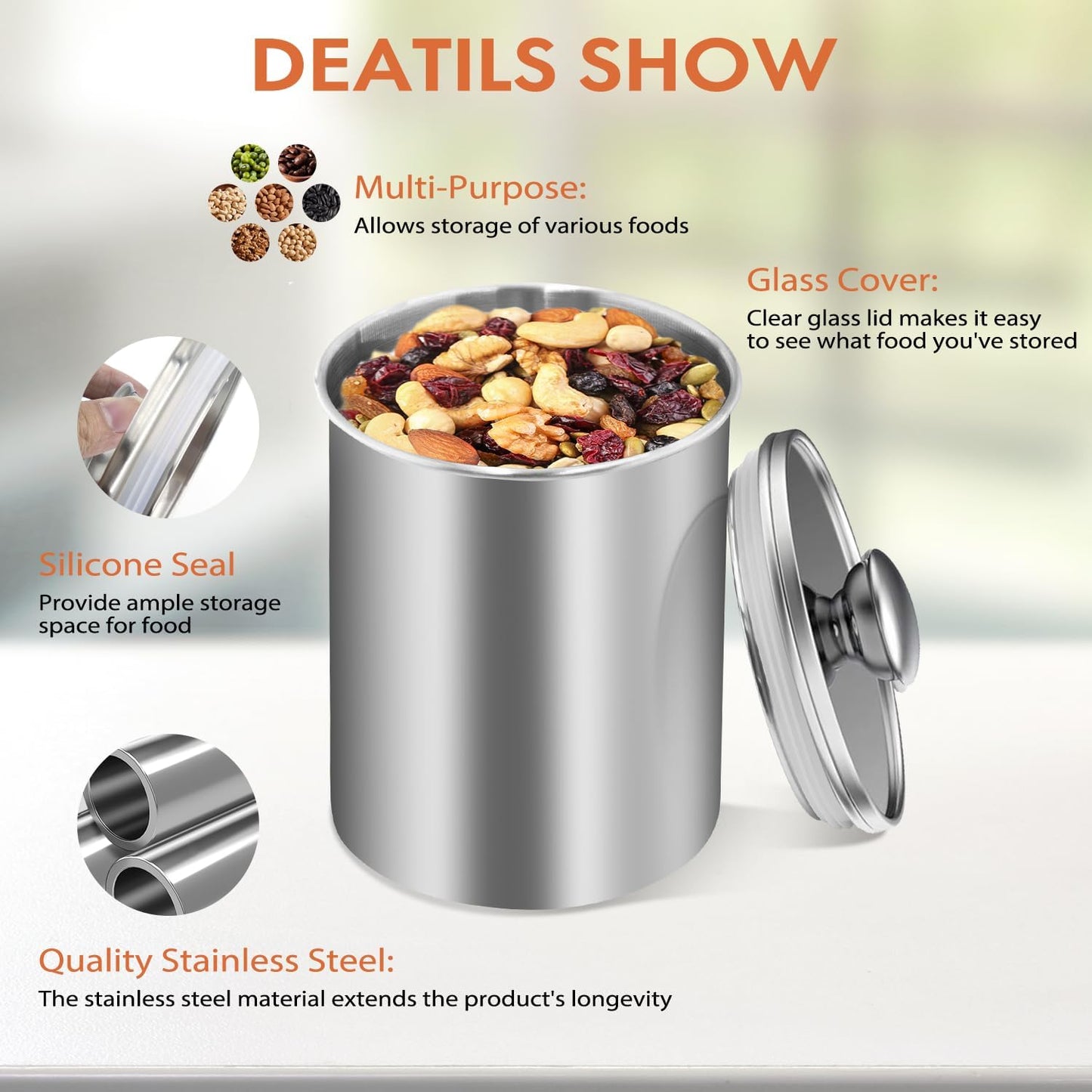 ENLOY Stainless Steel Food Storage Container Set of 3, 88/61/29 oz with Clear Glass Lids - Ideal for Coffee, Tea, Sugar, Flour Canisters