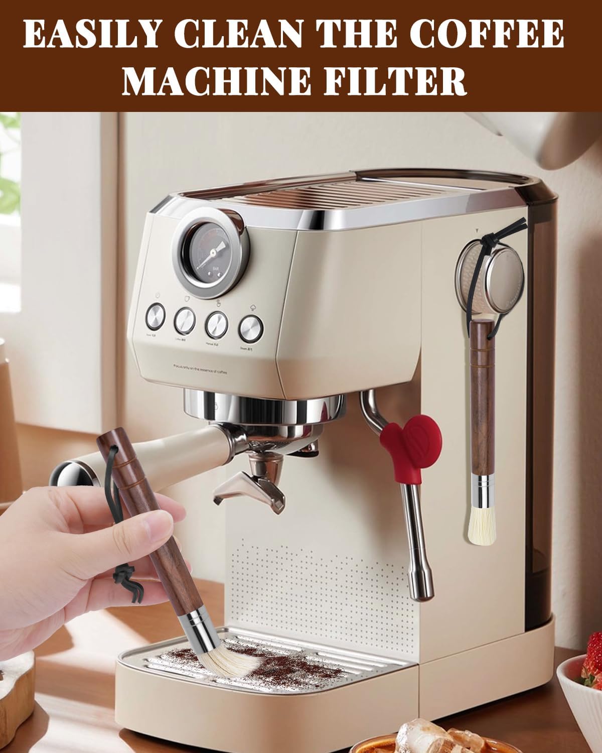 Espresso Brush Kit – Coffee Grinder Brush With Ebony Wood Boar Bristles & Lanyard, Black Rubber Air Blower Nozzle, Compatible With Espresso Machines, Coffee Grinders