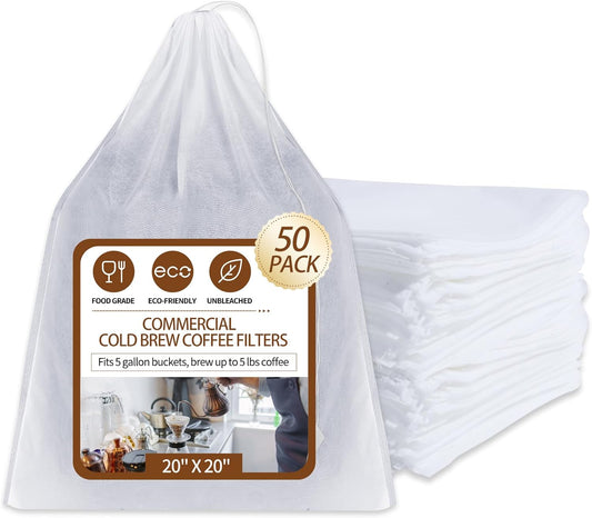 50Pcs Commercial Cold Brew Coffee Filters for 5 Gallon Buckets, 20" X 20" Disposable Coffee Filters with Drawstring for Brew Up To 5 LBS Coffee