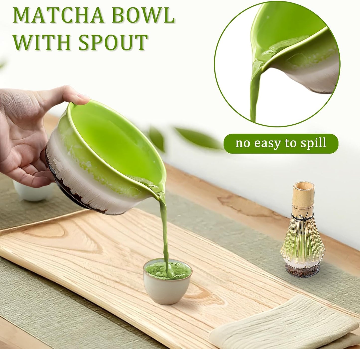 Matcha Set Includes Ceramic Matcha Bowl with Spout, Bamboo Whisk, Matcha Sifter, Matcha Whisk Holder, Bamboo Spoons, 5 Pieces Green Matcha Kit Gift for Tea Lovers