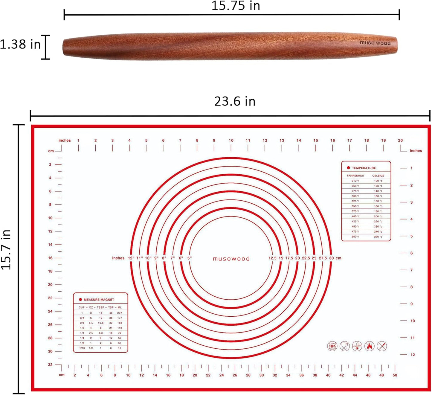 Muso Wood French Rolling Pin and Silicone Baking Mat Set, Sapele Wooden Rolling Pin 15.75 Inch and Tapered Roller for Fondant, Pie Crust, Cookie, Pastry