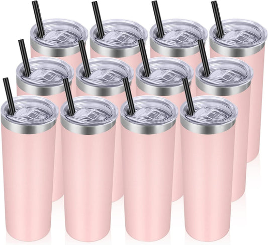 VEGOND Stainless Steel Tumblers Bulk 12 Pack, 20 oz Vacuum Insulated Skinny Tumblers with Lid and Straw, Double Wall Coffee Mug, Travel Water Cup, Light Pink