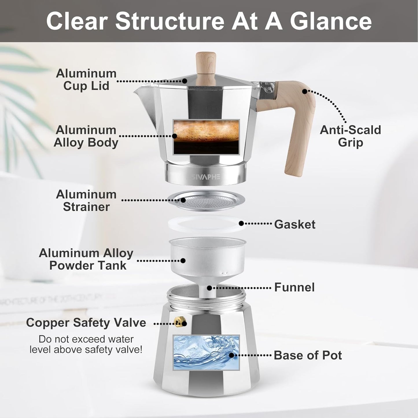 Sivaphe Aluminum Moka Pot 3 Espresso Cups, Percolator Espresso and Coffee Maker, Portable Stovetop Italian and Cuban Café Brewer for Home and Camping Sliver