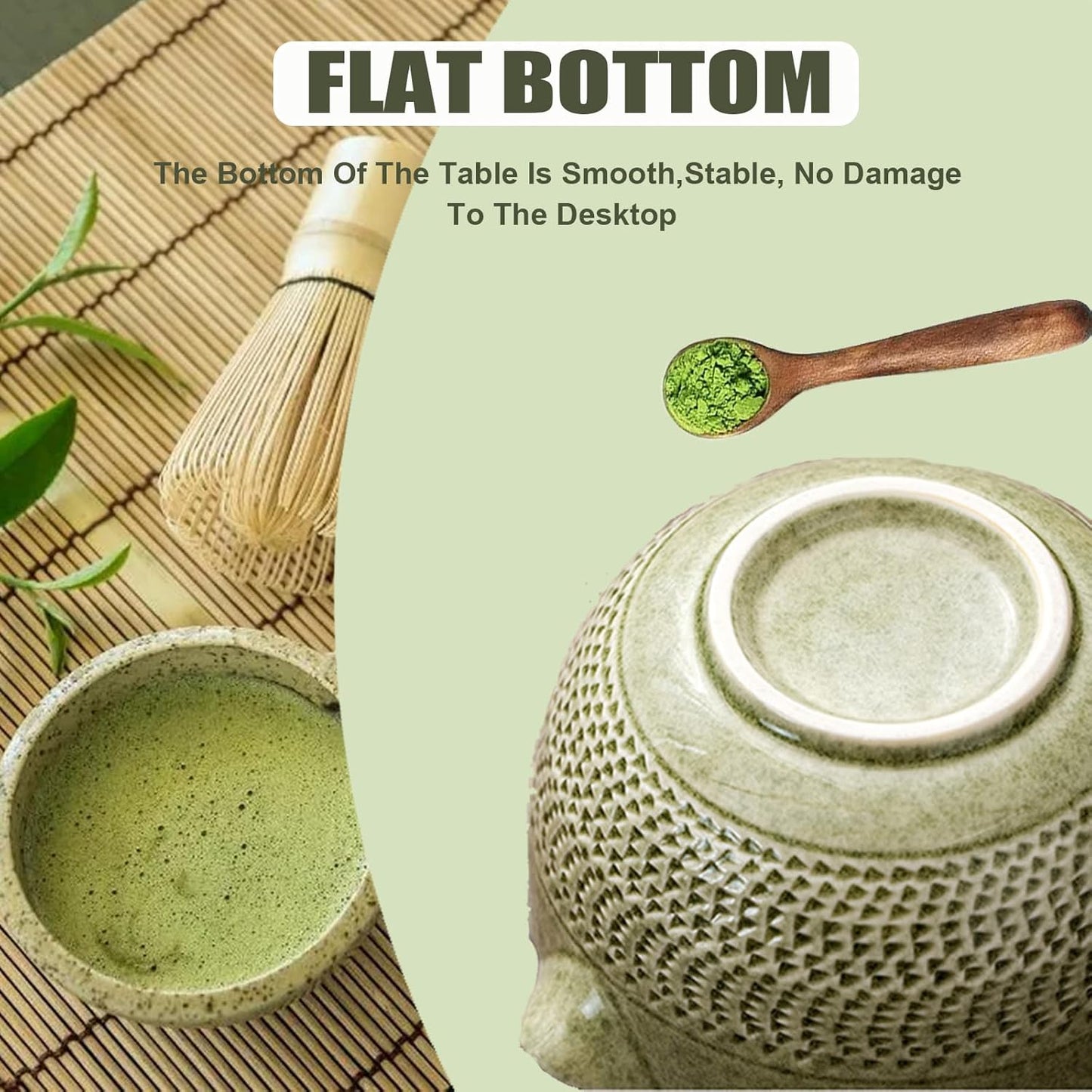Ceramic Japanese Style Matcha Bowl Whisk Holder Temperature Resistant Braid Textured Matcha Tea Bowl Set With Spout for Trip (Light Green)