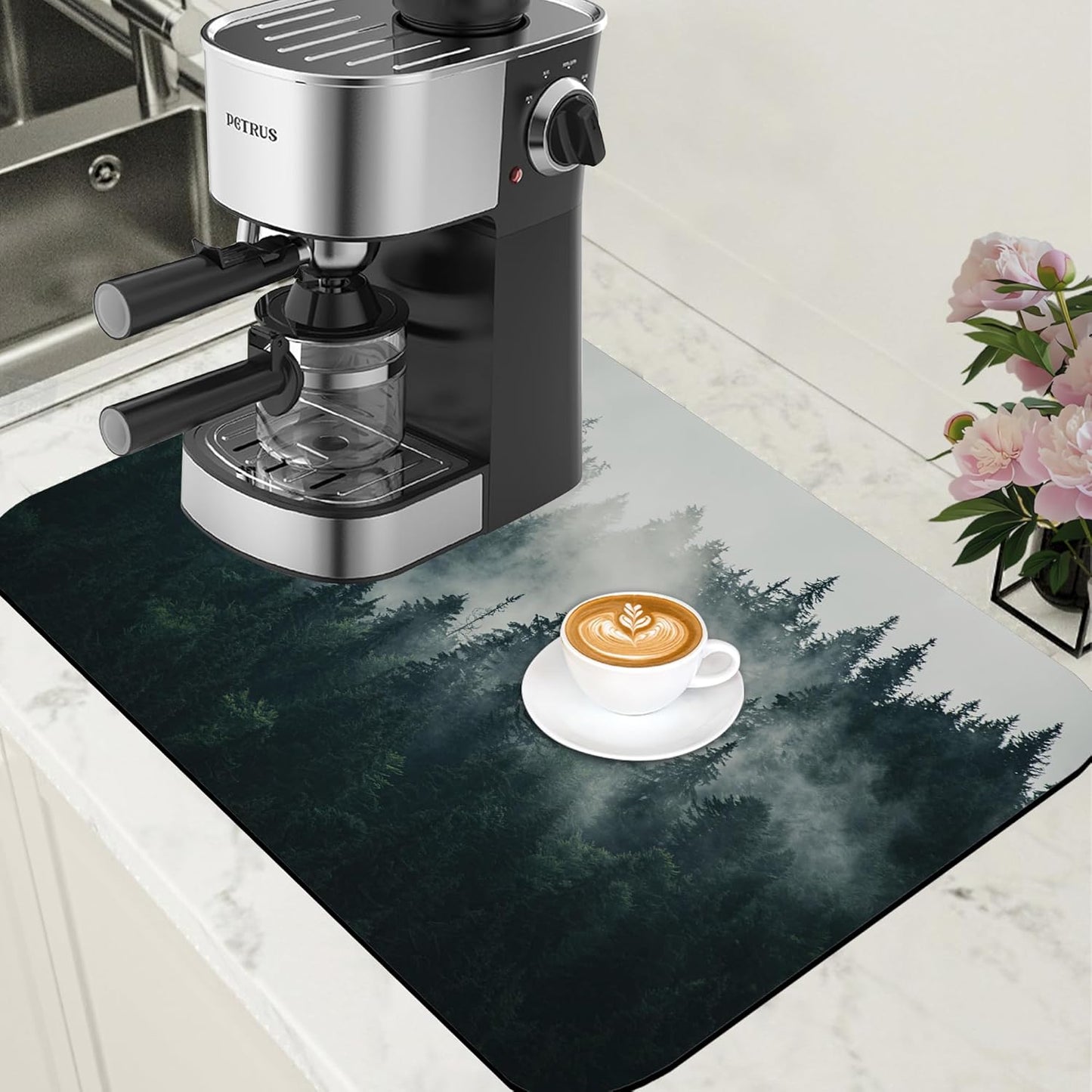 Foggy Forest Coffee Mat Absorbent Dish Drying Mat for Kitchen Counter Hide Stain Rubber Backed Coffee Bar Accessories Fit Under Espresso Machine, 15.7 x 23.6 Inch