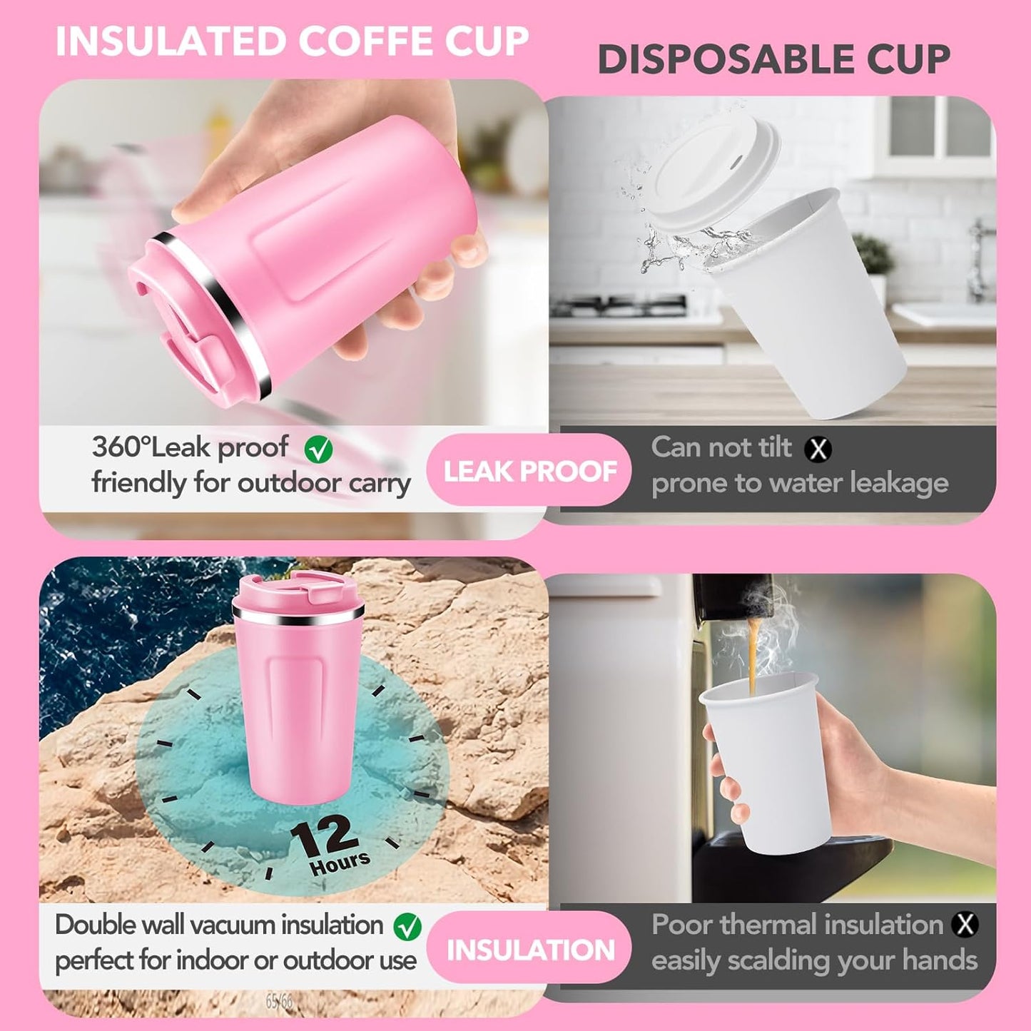 Volhoply 12 oz Double Wall Insulated Vacuum Travel Coffee Mug with Flip Lid,Reusable Stainless Steel Leak Proof Coffee Cup,Portable Iced Cafe Thermal Tumbler Suitable for Hot & Cold Drinks(Pink,1 Set)