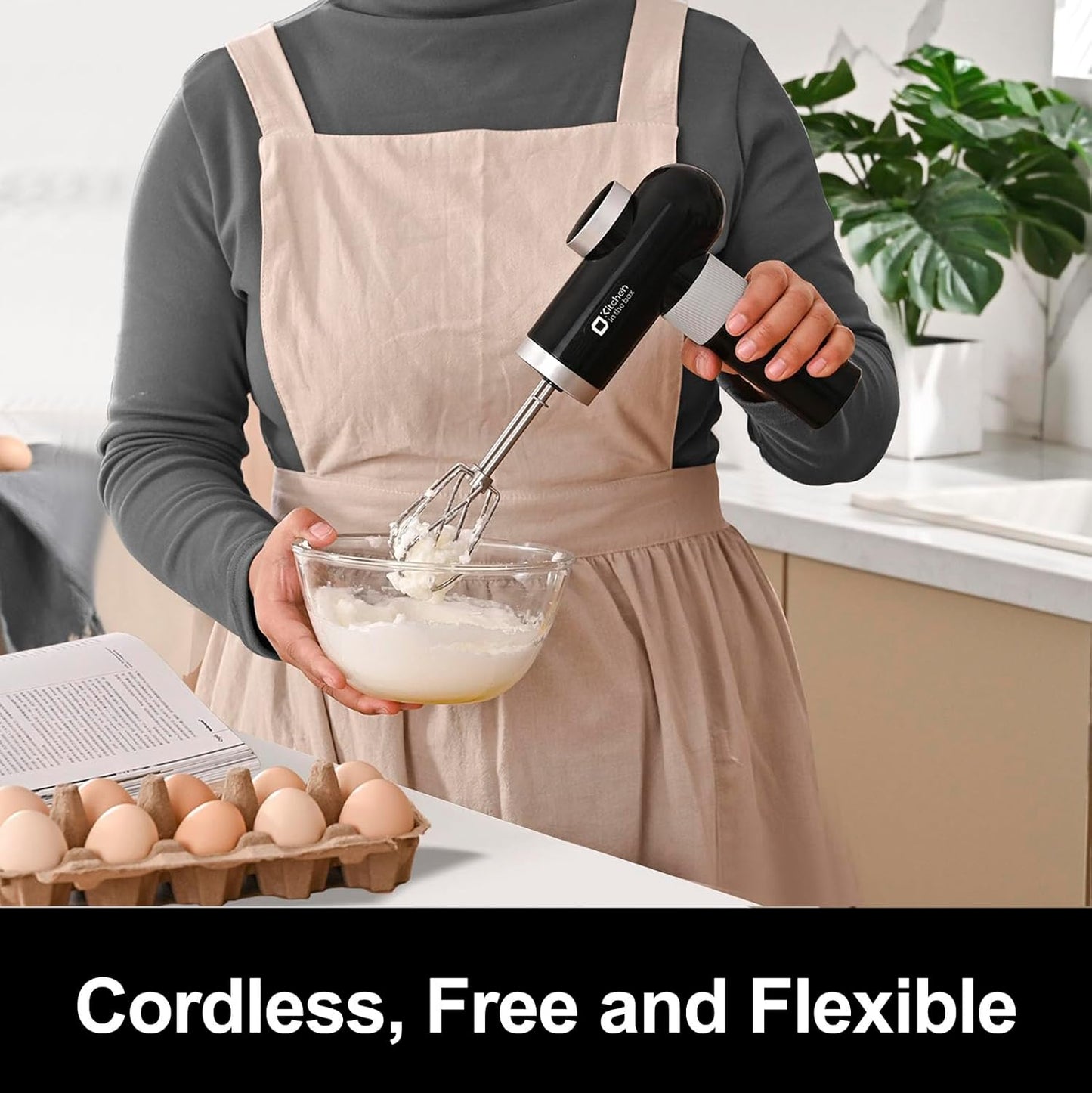 Kitchen in the box Cordless Rechargeable Hand Mixer for Kitchen, Portable Handheld Electric Mixer with Beaters, Whisks, 6-Speed Digital Display, Charging Base and USB-C Charge Cable (Classic Black)