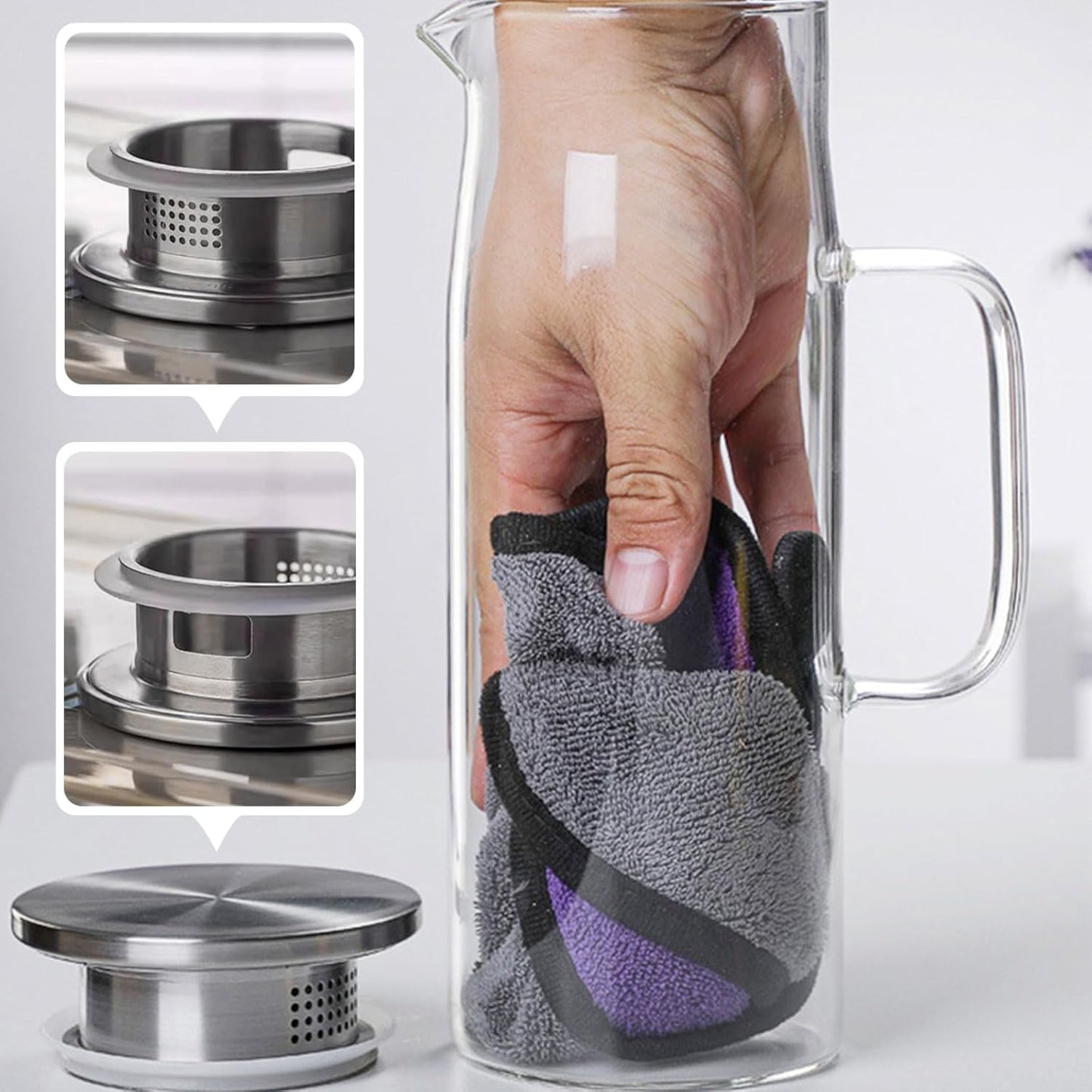 hjn Glass Pitcher with Lid Glass Water Carafe with Handle, Fridge Water Jug Cold or Hot Beverages, Iced Tea, Milk, Juice 1500ml/51oz & aluminium lid