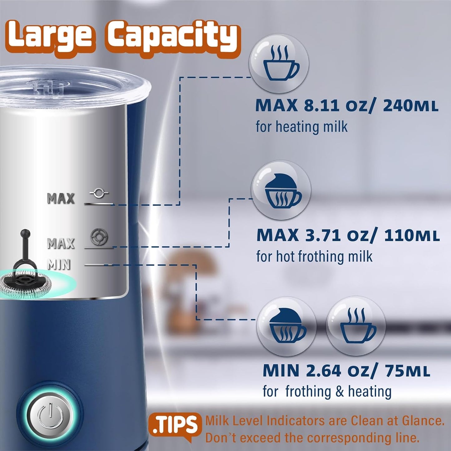 Simple Milk Frother, 2 in 1 Milk Steamer and Frother, Electric Milk Steamer, Milk Warmer and Hot Milk Foam Maker for Latter, Macchiato, Cappuccinos (Blue)