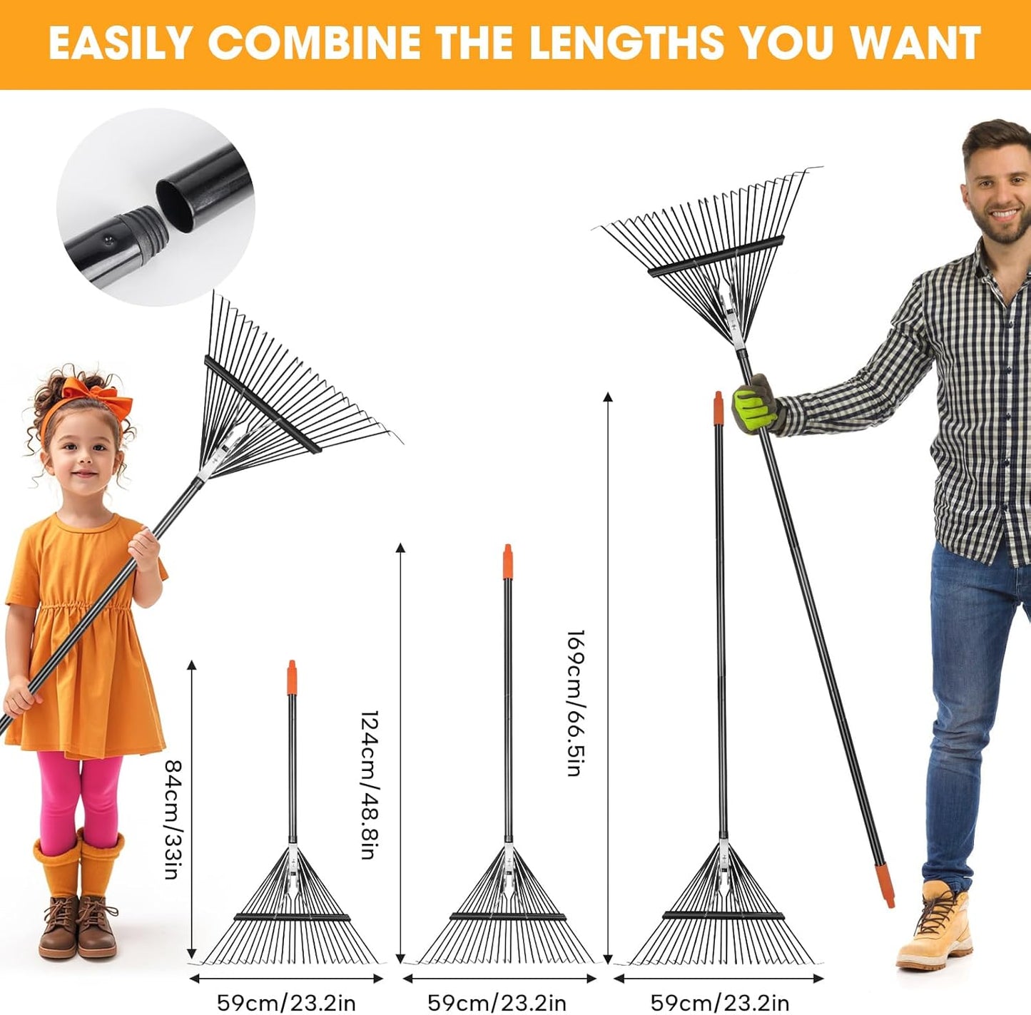 46 HRC Steel Gardening Leaf Rake, 24 Tines 23.2" Wide,Adjustable Split Long Handle 33-67",Suitable for Raking Leaves and Lawn Tidying,Garden rake and thatch rake Suitable for Adults