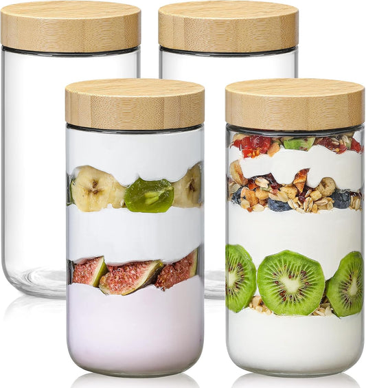 NETANY 4-pack 24oz Glass jars with Airtight Lids, Overnight Oats Containers with Bamboo Lids, Wide mouth Mason Salad jars, Glass Food Storage Containers for Snacks Yogurt Spice Sugar