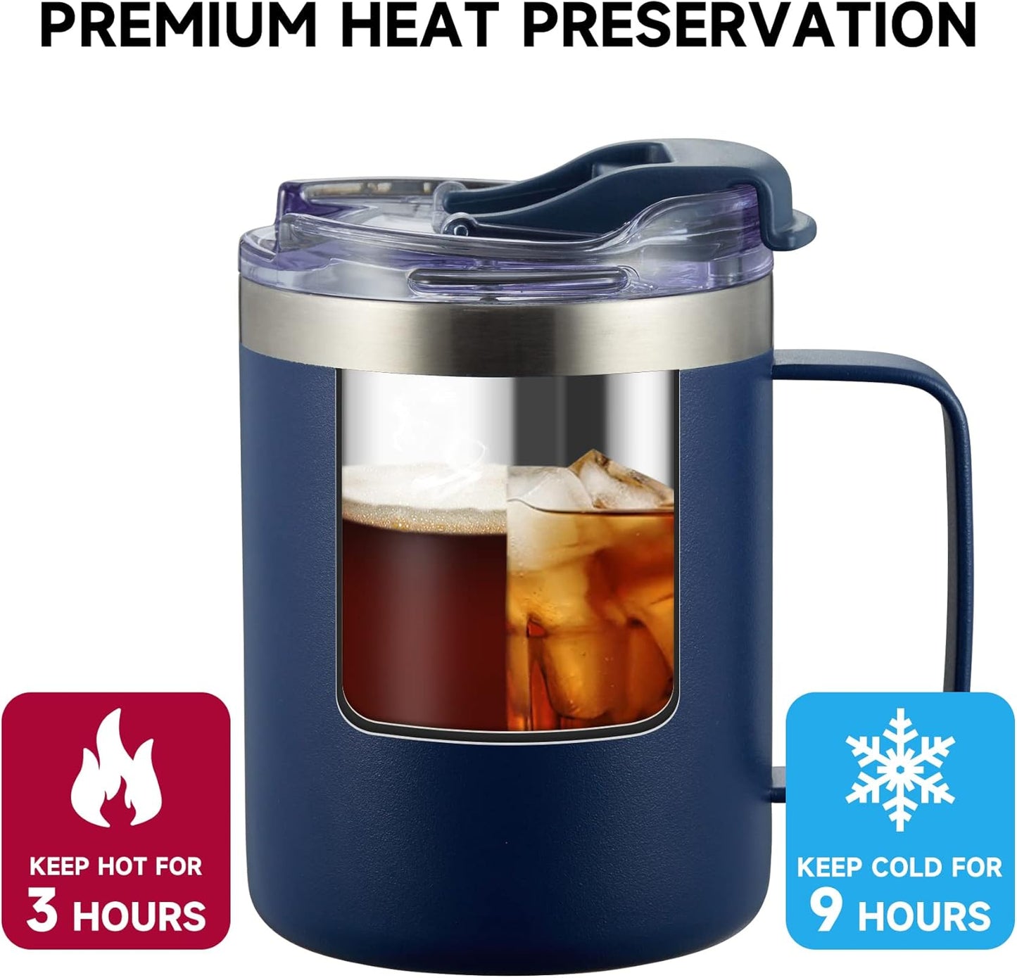 ALOUFEA 12oz Stainless Steel Insulated Coffee Mug with Handle, Double Wall Vacuum Travel Mug, Tumbler Cup with Fliping Lid, Navy and Army Green