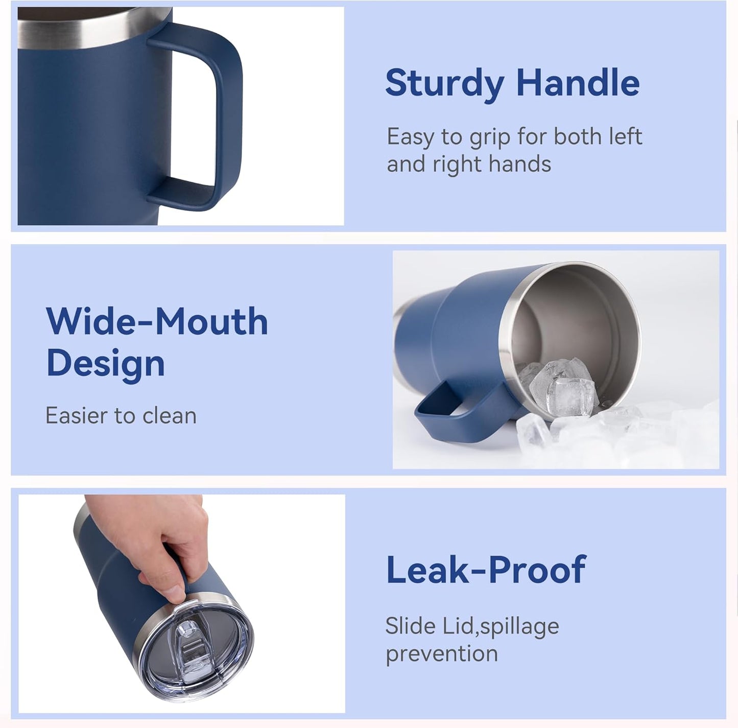 HASLE OUTFITTERS 20oz Tumbler with Lid, Stainless Steel Tumbler with Handle, Metal Insulated Travel Coffee Mug with Handle, Double Wall Vacuum Spill Proof Tumbler Cup, Navy 1 Pack