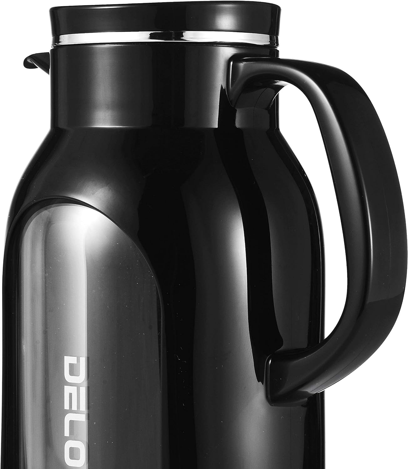 Delove 68 oz/2 Liter Glass Pitcher with Shatterproof Shell - Heat Resistant Glass Liner - Stainless Steel Lid - Carafe & Jug for Iced Tea,Hot/Cold Water,Homemade Juice Beverages (Black)