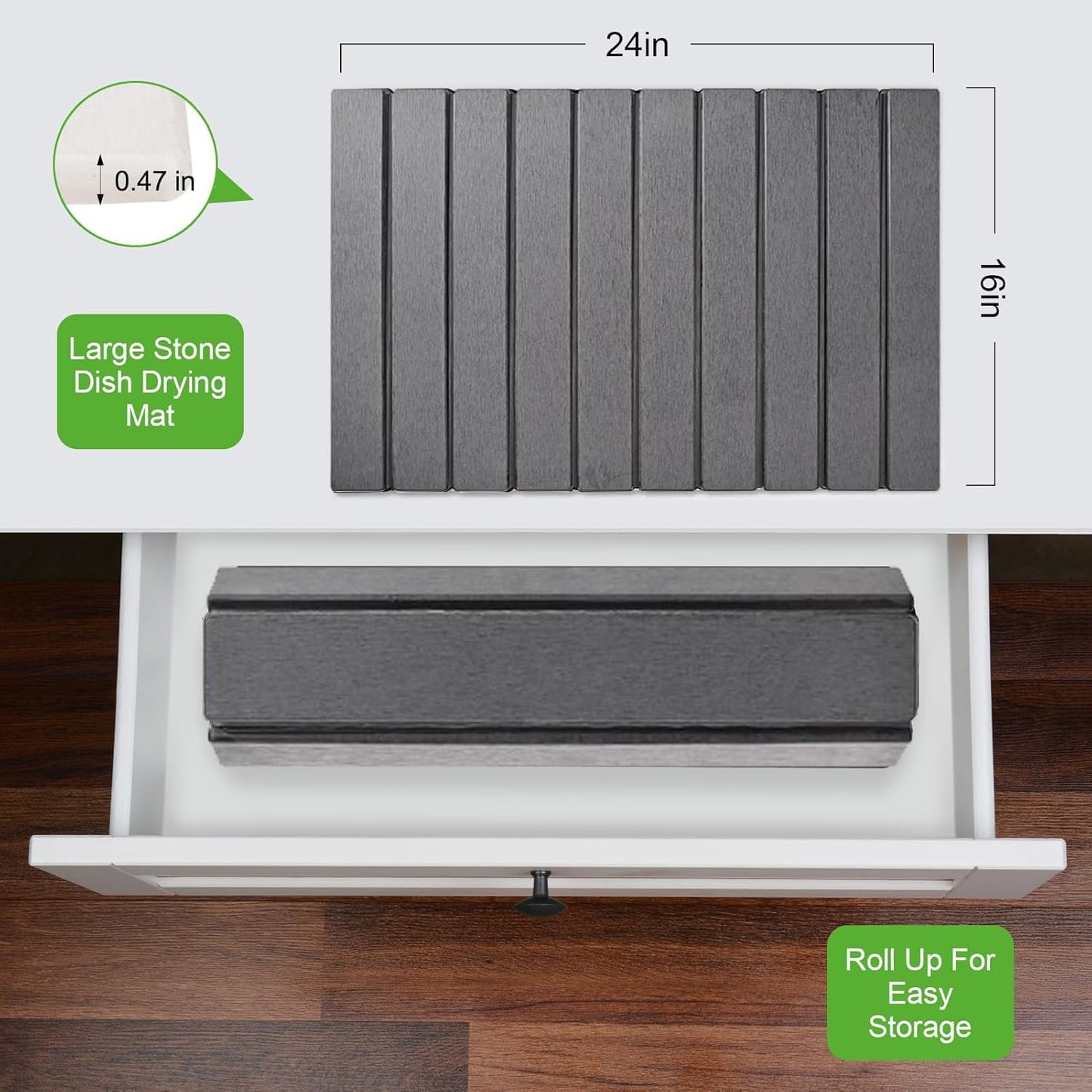 Large Stone Dish Drying Mats for Kitchen Counter, 24"×16", Collapsible quick dry stone mat kitchen, Eco-Friendly, Absorbent Diatomaceous Earth Mats for Dishes Bottles Cups, Match Any Countertop