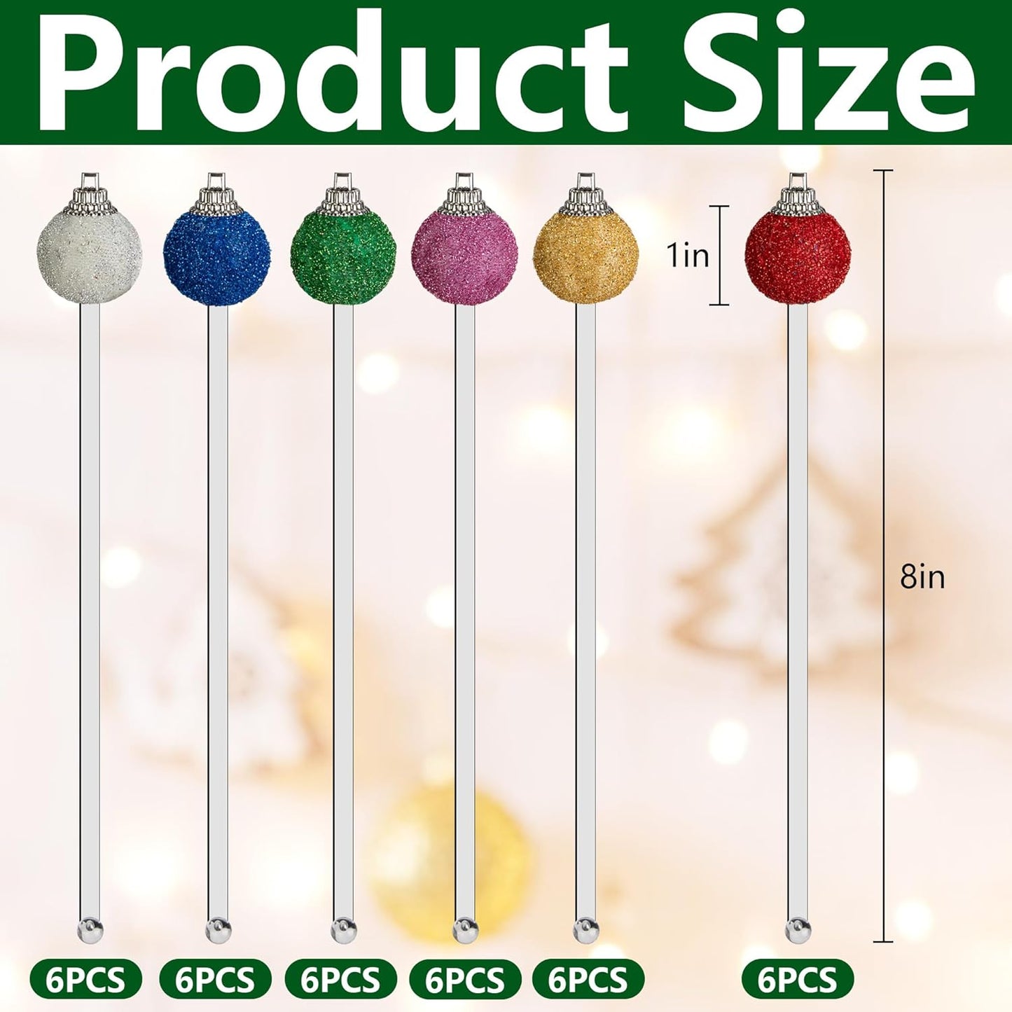 Iceyyyy 36 Pcs Christmas Glitter Ball Drink Stirrers-Reusable Round Top Christmas Stir Sticks-Colorful Swizzle Sticks for Home Holiday Cocktails Party Coffee Bar Juices Shop