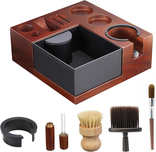 Espresso Knock Box, Walnut Tamping Station, 9 in 1 Coffee Organizer Box Fit for 51mm 54mm 58mm, Coffee Distributor & Portafilter, Espresso Accessories Kit
