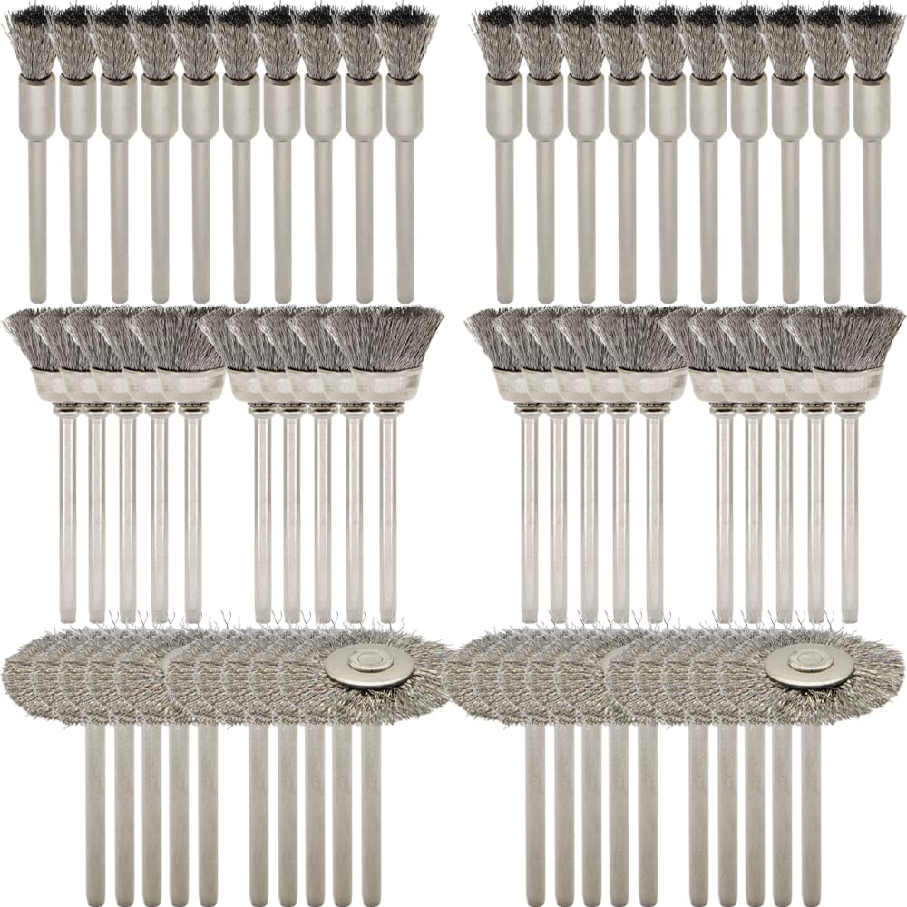 60-Piece Wire Brush Set - Metal Rust Removal, Polishing, Cleaning - Shaft 1/8″ (3mm) - Removes Burrs, Dust, and Oxide Layer - Handles Rough Surfaces - Designed for Industrial and DIY Enthusiasts