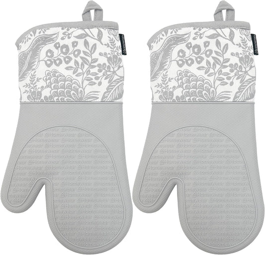 Delaney Silicone Oven Mitts Set - Extra Long, Heat Resistant Kitchen Gloves, Non-Slip Holders for BBQ, Baking, Cooking Essentials, Grey Toile, Kitchen Decor, Oven Gloves, New Home Gifts