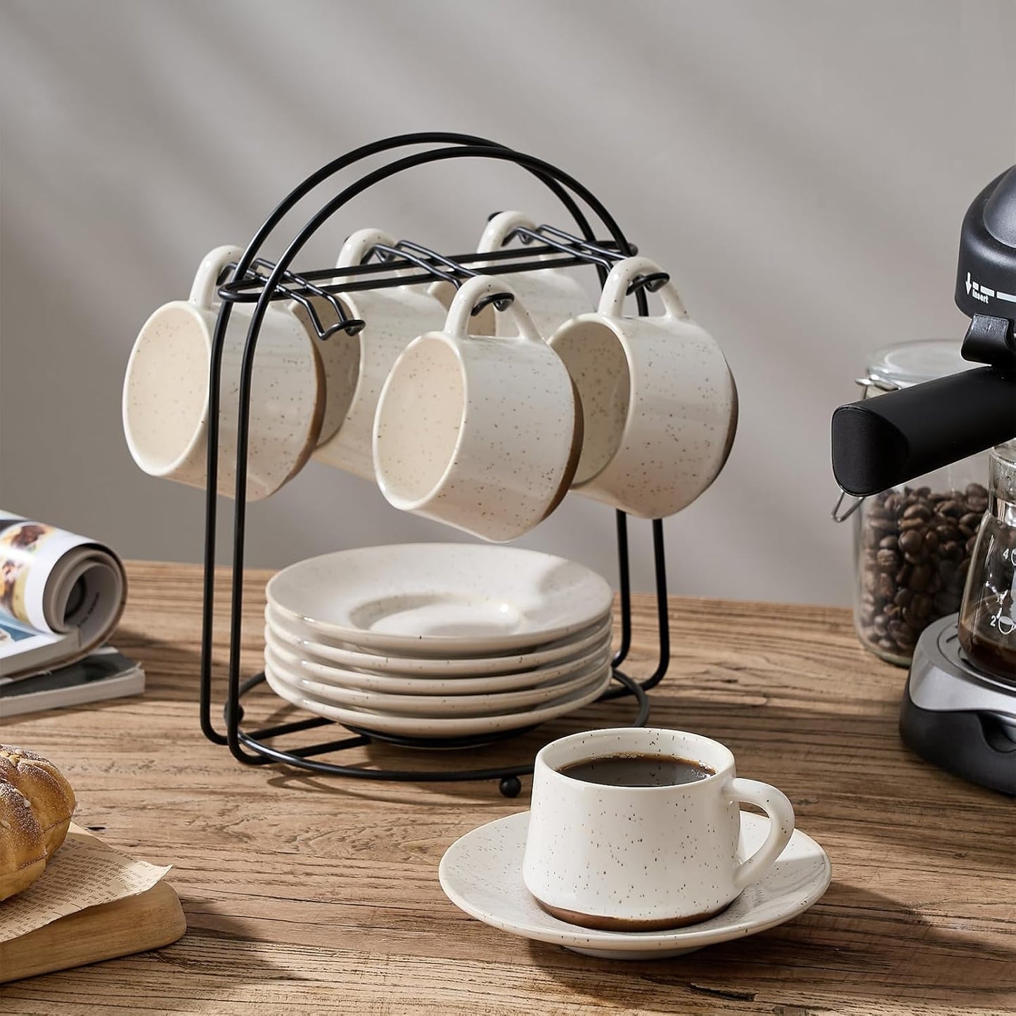 SIDUCAL Stackable Cappuccino Cup Set of 6 [4 oz] Ceramic Coffee Cups with Saucers and Cup Holder,Microwave/Dishwasher Safe,Espresso Demitasse Cups(White)