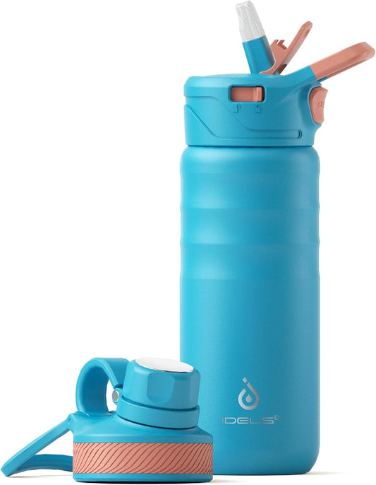 IDEUS Insulated Stainless Steel Water Bottle with 2 Leak-Proof Lids, Thermal Water Flask for Hiking Biking, 18oz, Blue Atoll