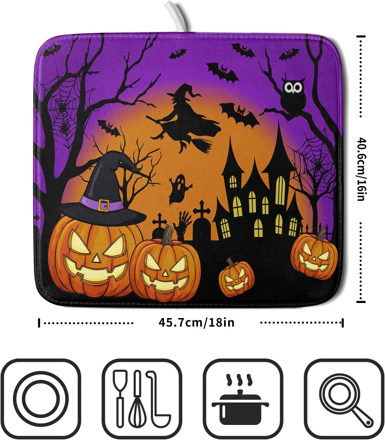Happy Halloween Pumpkin Dish Drying Mat for Kitchen Counter,Witch Ghost Castle Bat Purple Drying Mat 16 x 18 Inch with High Absorbent Microfiber Drainer Mat for Coffee Bar
