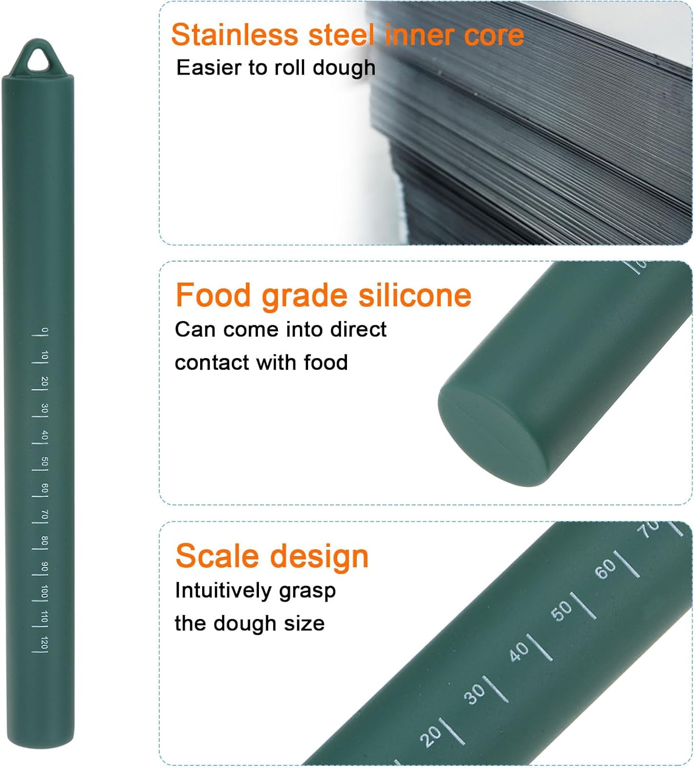 HARFINGTON Silicone Rolling Pin 10" Silicone Surface Non-Stick Stainless Steel Inner Core Dough Roller Kitchen Roller for Baking Pastry Pizza Fondant Bread, Dark Green