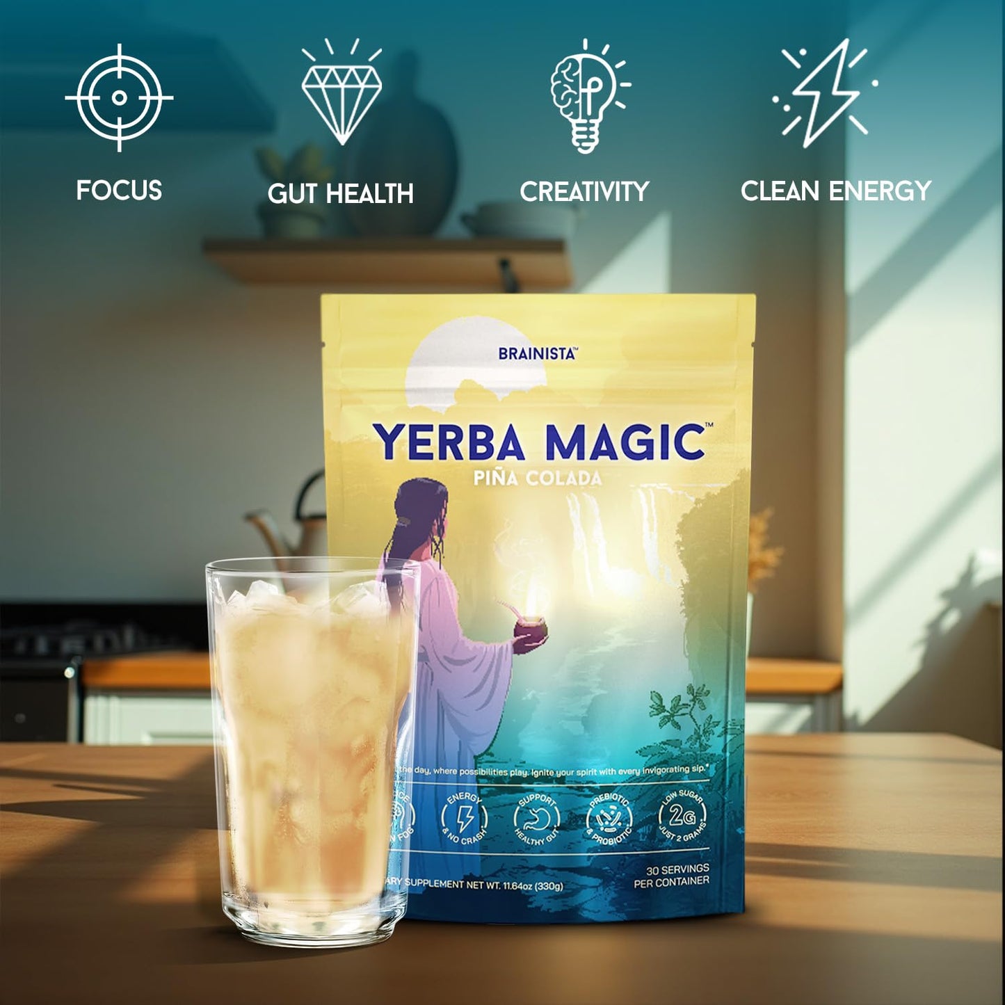 Yerba Magic - Yerba Mate Instant Tea Powder, 3-in-1 Super Drink - Clean Energy, Brain Fog Buster, and Gut Health Powered by Nootropics, Prebiotics & Probiotics | Pina Colada 30 Servings