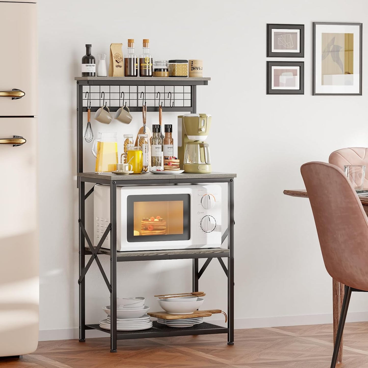 Furologee Kitchen Bakers Rack, Microwave Stand with Storage 4 Tiers, Coffee Bar Station with 6 S Hooks and Pegboard, Kitchen Shelves Rack for Spices, Pots, Black Oak