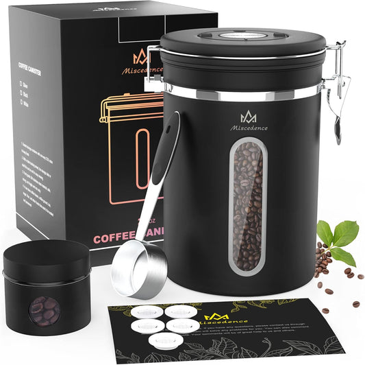 Coffee Canister for ground coffee with Transparent Window,Date Tracker CO2 Valve 304 Stainless Steel Kitchen Food Airtight storage container for Coffee Beans or Grounds, Tea, Sugar(black 22OZ)