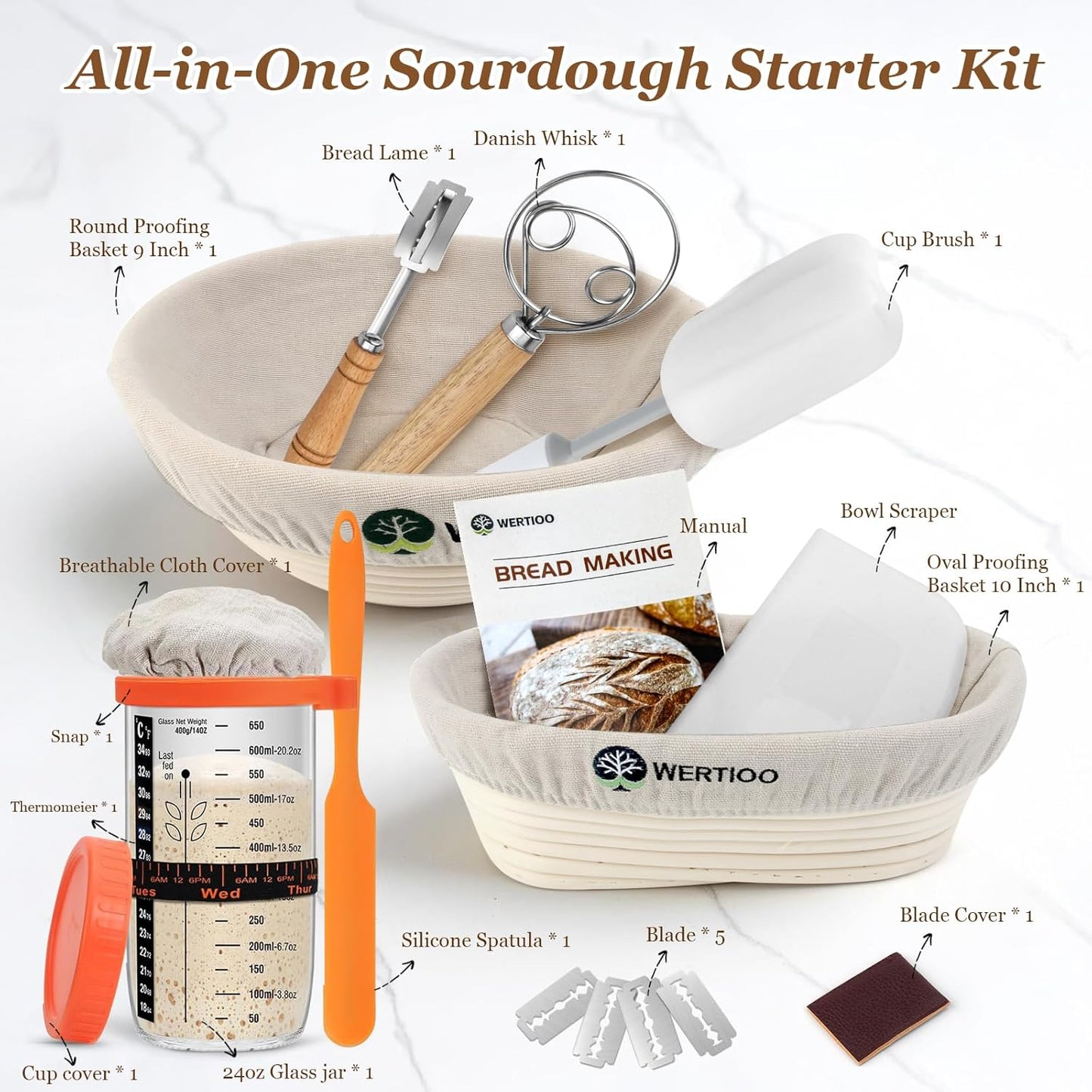 Sourdough Bread Baking Supplies, Sourdough Starter Kit, 9 Inch Round & 10 Inch Oval Banneton Bread Proofing Basket with 24 Oz Glass Jar, Sour Dough Tools with Danish Dough Whisk & Scraper