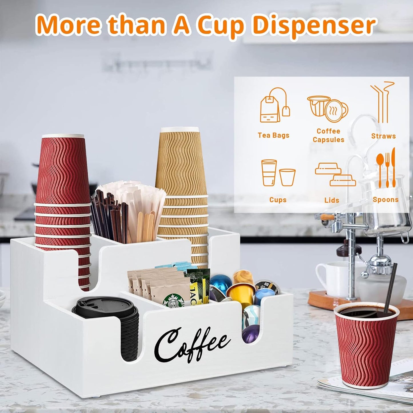 Wooden Coffee Station Organizer - 6 Compartment Lid Holder for Counter, Dispenser for Paper Cups, Condiment Storage