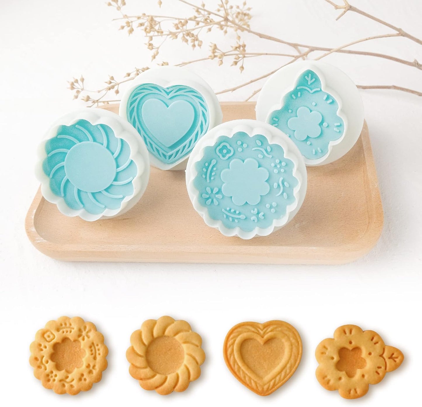 Cookie Stamps Set of 4, Cookie Press Mold, Decorating Supplies for DIY Baking, Cake, Pastry, Easy to Use-Flower Heart