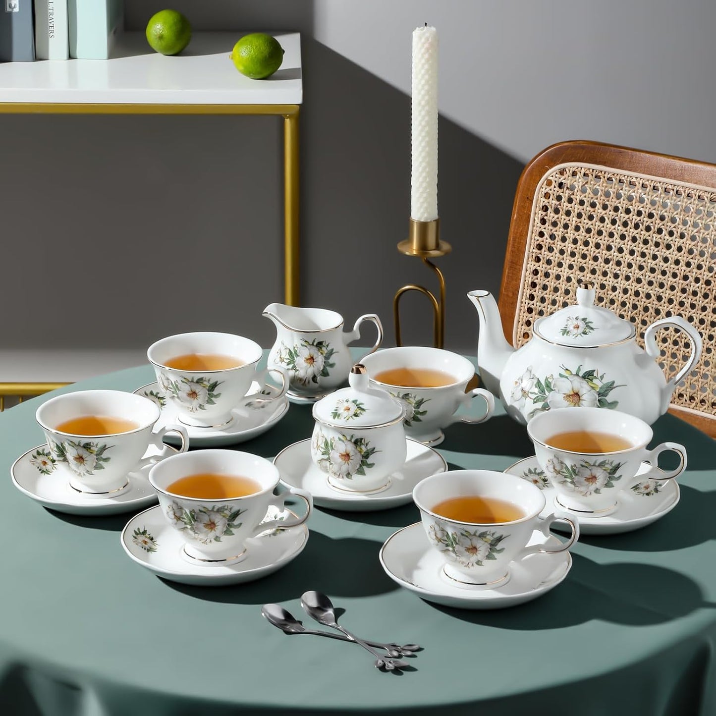 CHENP.HMC Porcelain Tea Set Tea Cup Set 22-Piece Porcelain Ceramic Coffee Tea Gift Sets Cups Saucer Service for 6 Teapot Sugar Bowl Creamer Pitcher and Teaspoons tea pot sets(Camellia)