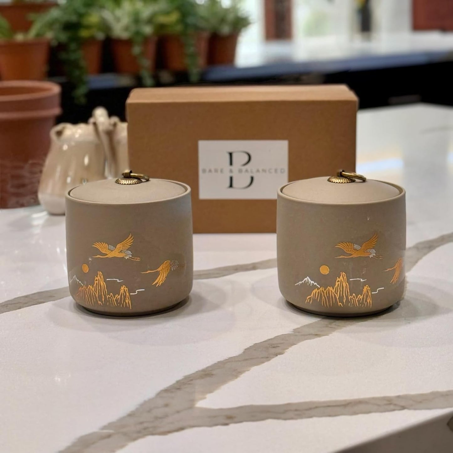 Bare & Balanced Premium Ceramic Tea Canister Set – Handcrafted Storage Jars with Airtight Lids | Crane & Mountain Design | Ideal for Tea, Coffee, Spices | Gift-Ready Box (Light beige)