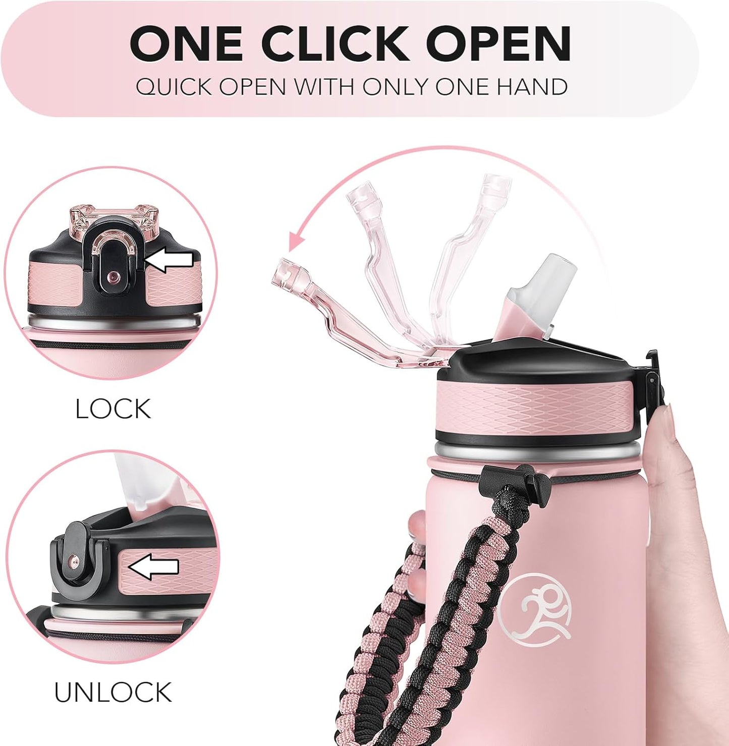 GOSWAG Insulated Sports Water Bottle, 24oz 2 Lids(with Straw/No Straw), Stainless Steel Water Bottles with Paracord Handle, Insulated Bottle with Double-Wall Vacuum Insulation